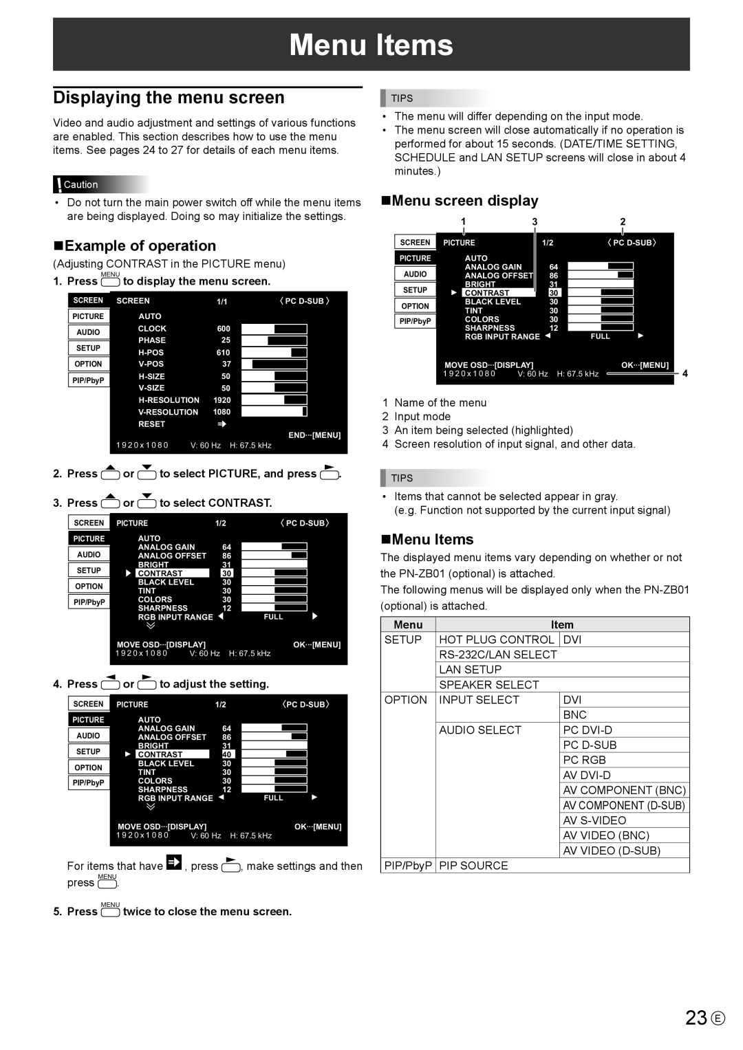 Sharp PNL702BPKG2A, PN-L702B operation manual Menu Items, 23 E, Displaying the menu screen 