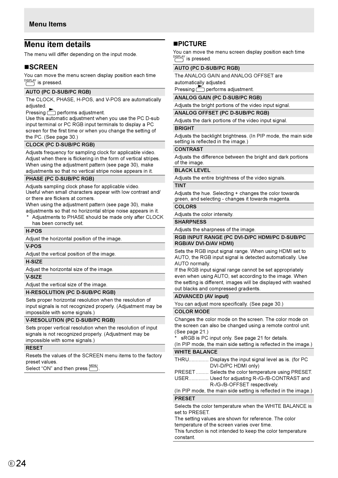 Sharp PN-L702B, PNL702BPKG2A operation manual Menu item details, Menu Items, Nscreen, Npicture 