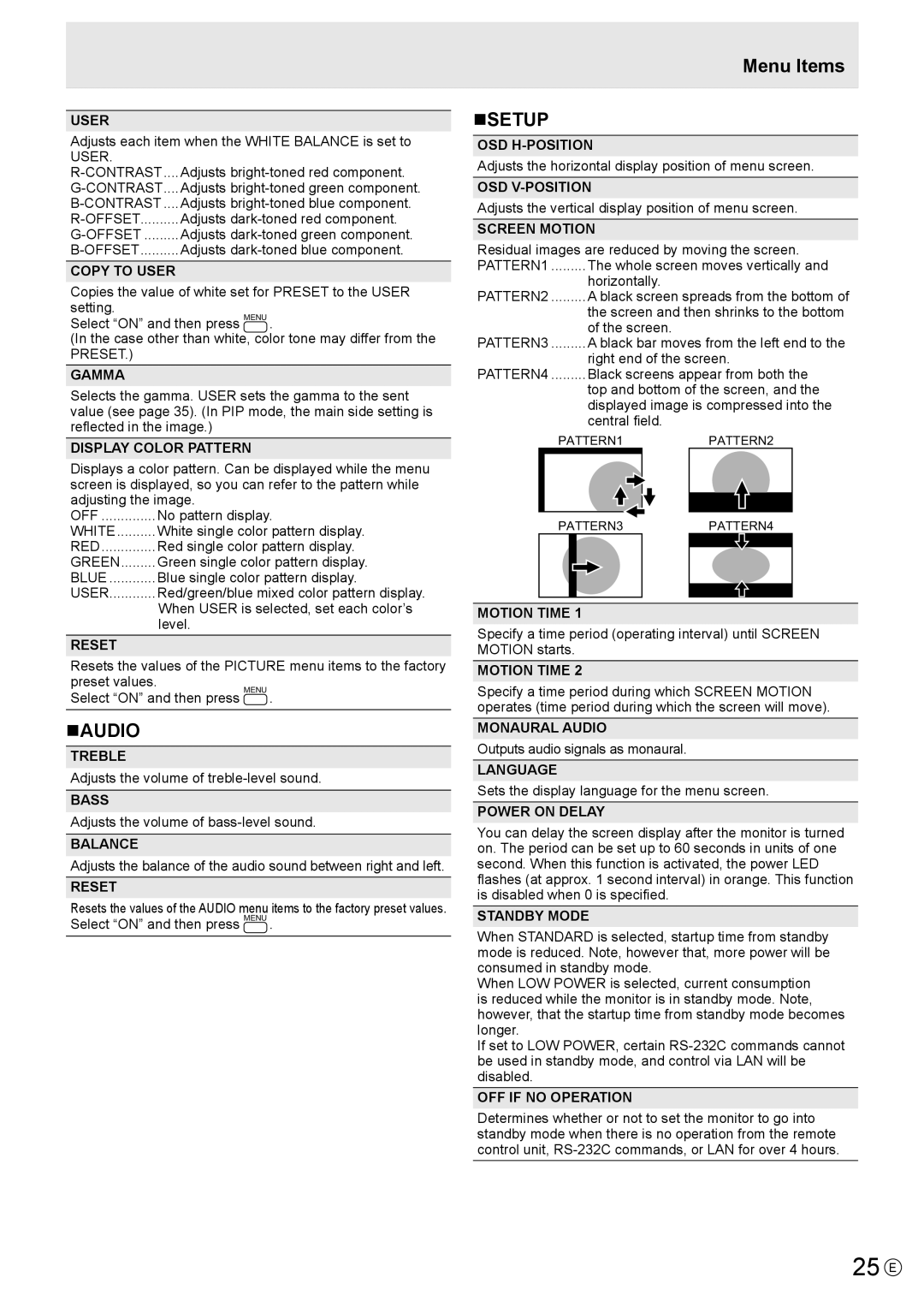 Sharp PN-L702B, PNL702BPKG2A operation manual 25 E, Naudio, Menu Items NSETUP 