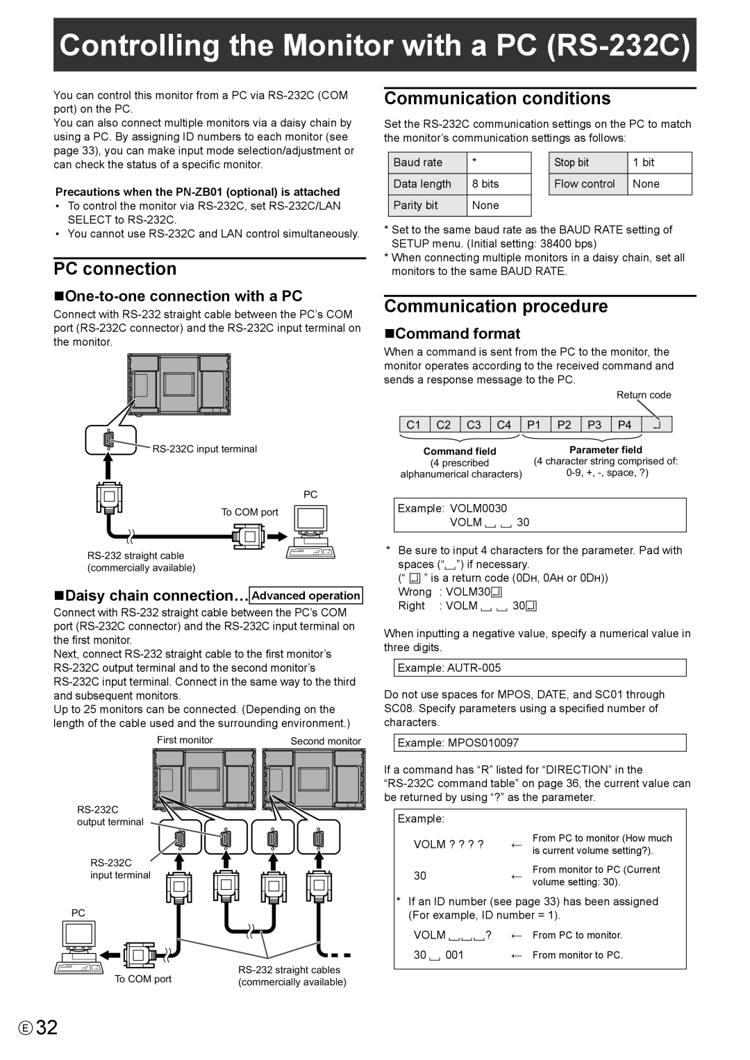 Sharp PNL702BPKG2A, PN-L702B Controlling the Monitor with a PC RS-232C, PC connection, Communication conditions 