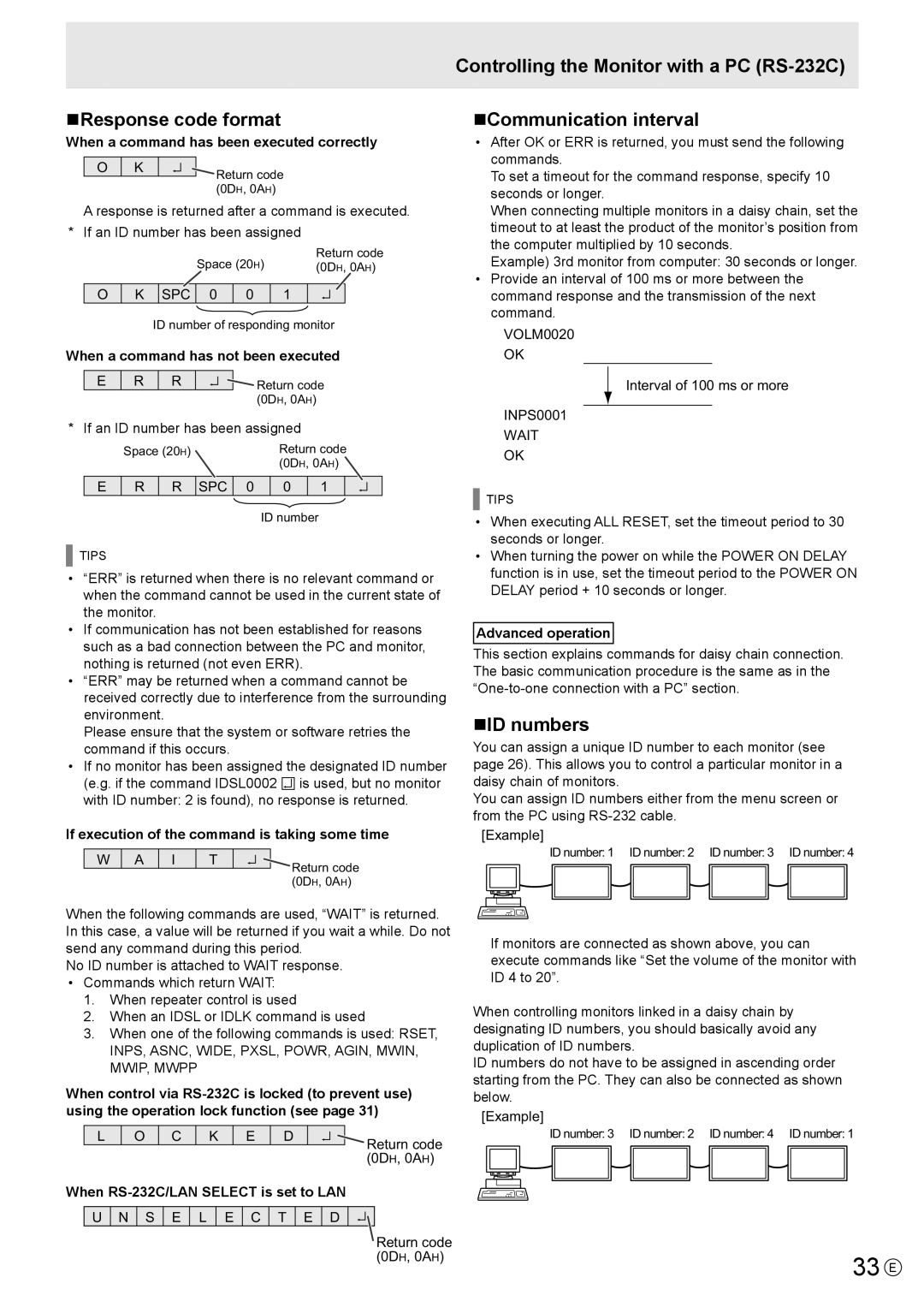 Sharp PN-L702B, PNL702BPKG2A operation manual 33 E, NResponse code format, NID numbers 