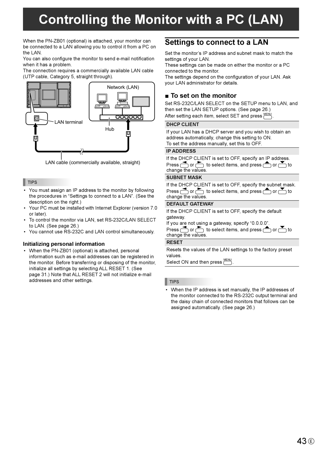 Sharp PNL702B, PN-L702B Controlling the Monitor with a PC LAN, 43 E, Settings to connect to a LAN, To set on the monitor 