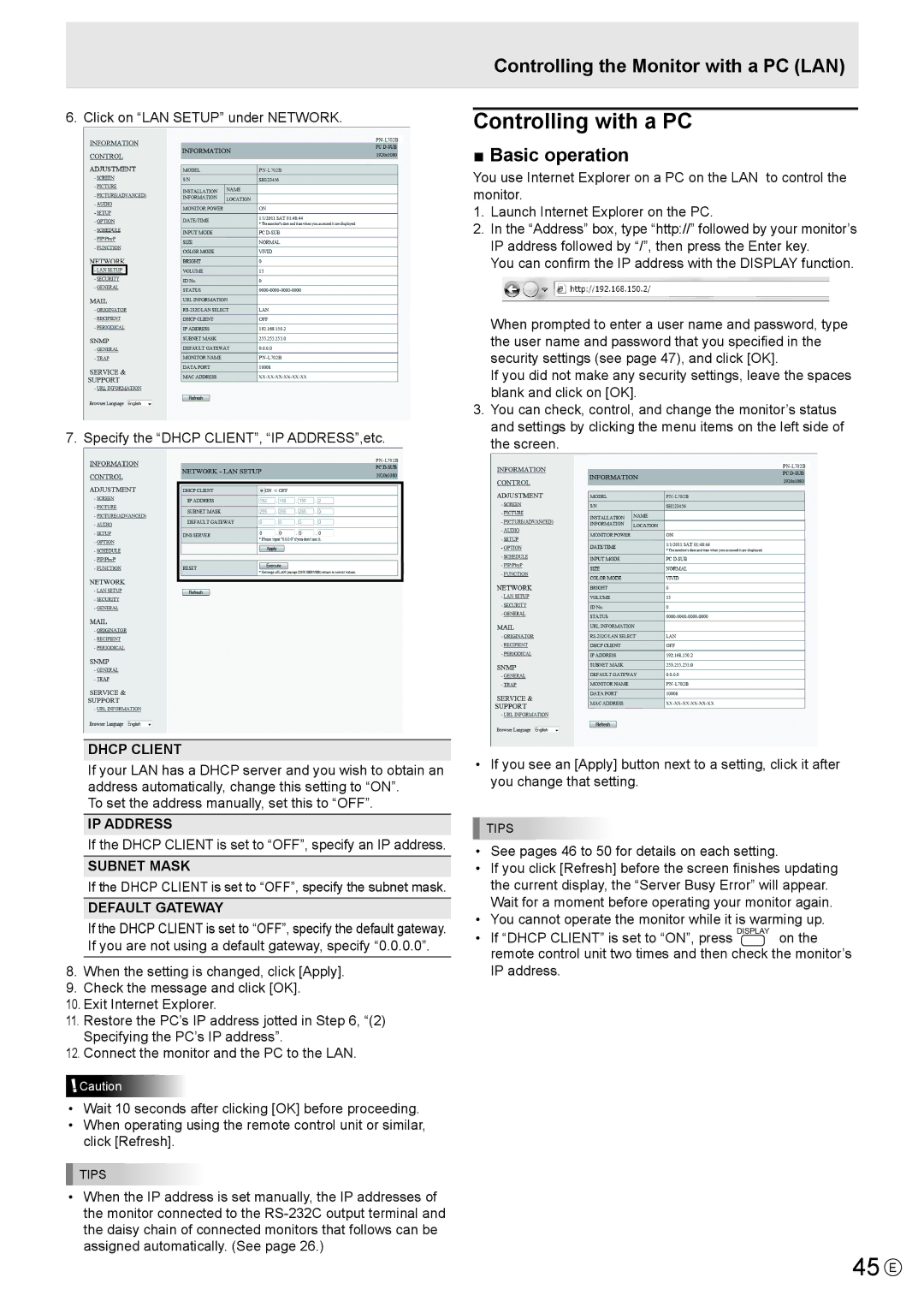 Sharp PN-L702B, PNL702BPKG2A 45 E, Controlling with a PC, Controlling the Monitor with a PC LAN, Basic operation 