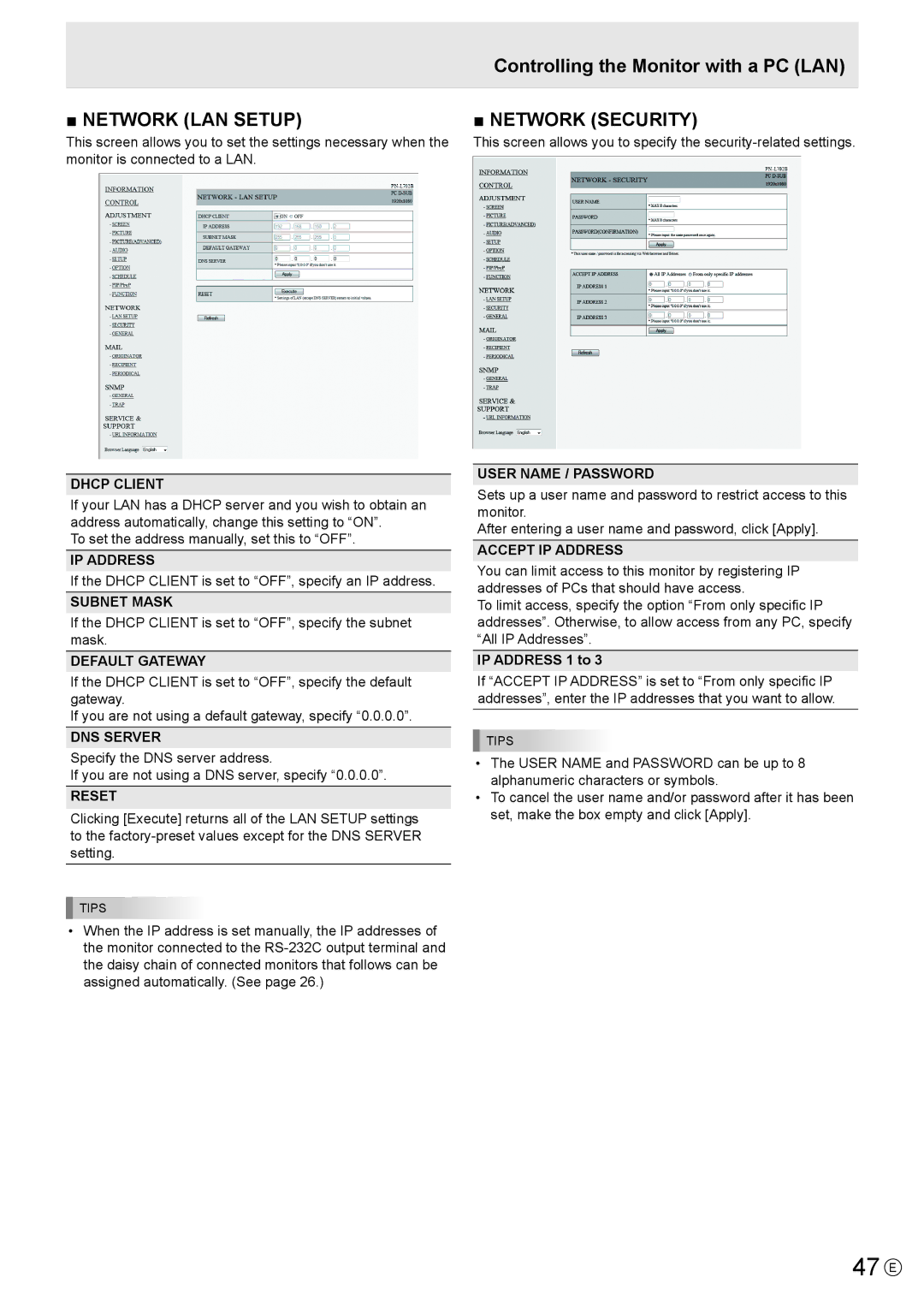 Sharp PNL702BPKG2A, PN-L702B operation manual 47 E, DNS Server, User Name / Password, Accept IP Address, IP Address 1 to 