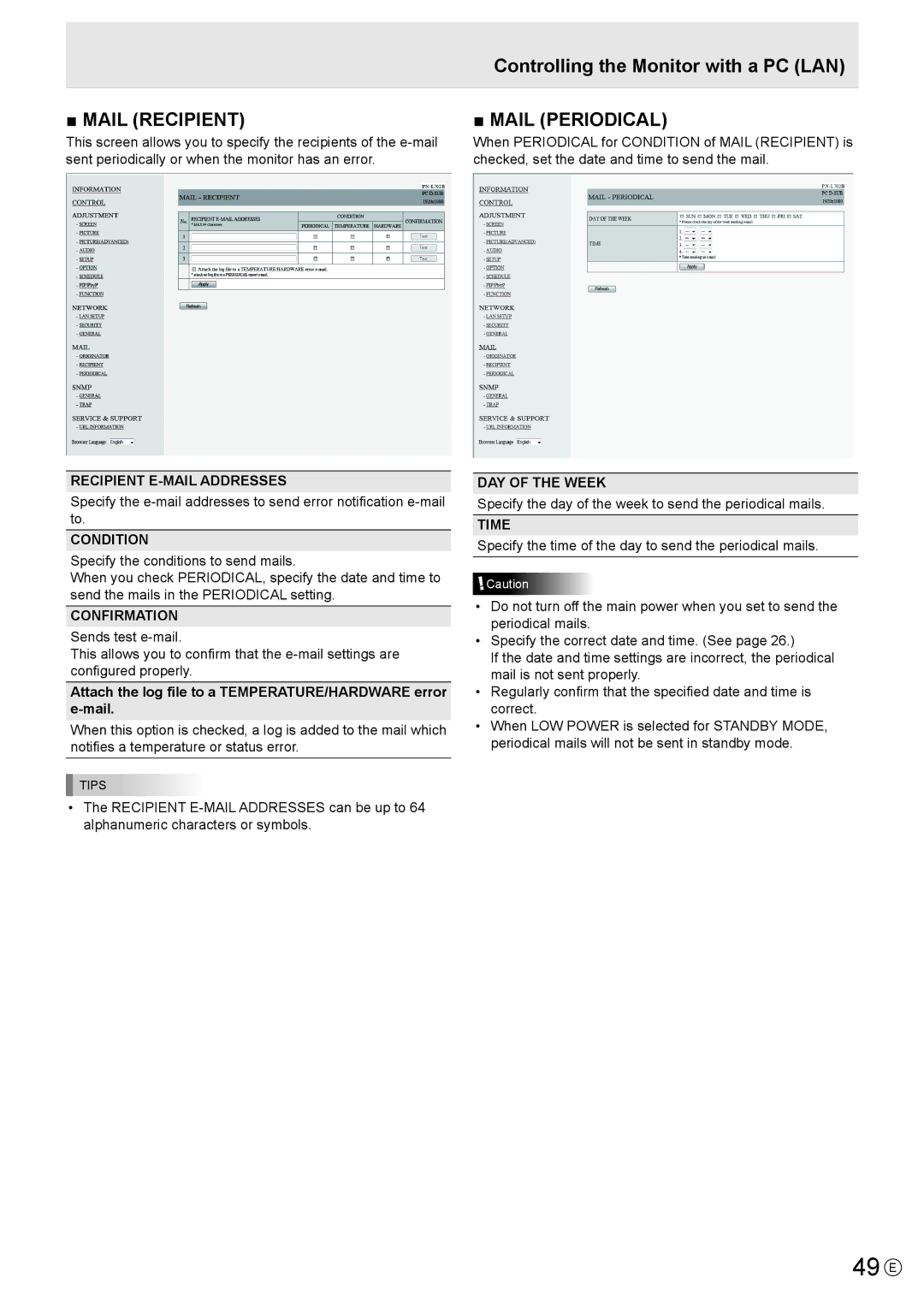 Sharp PN-L702B, PNL702BPKG2A operation manual 49 E, Recipient E-MAIL Addresses, Condition, Confirmation, Time 