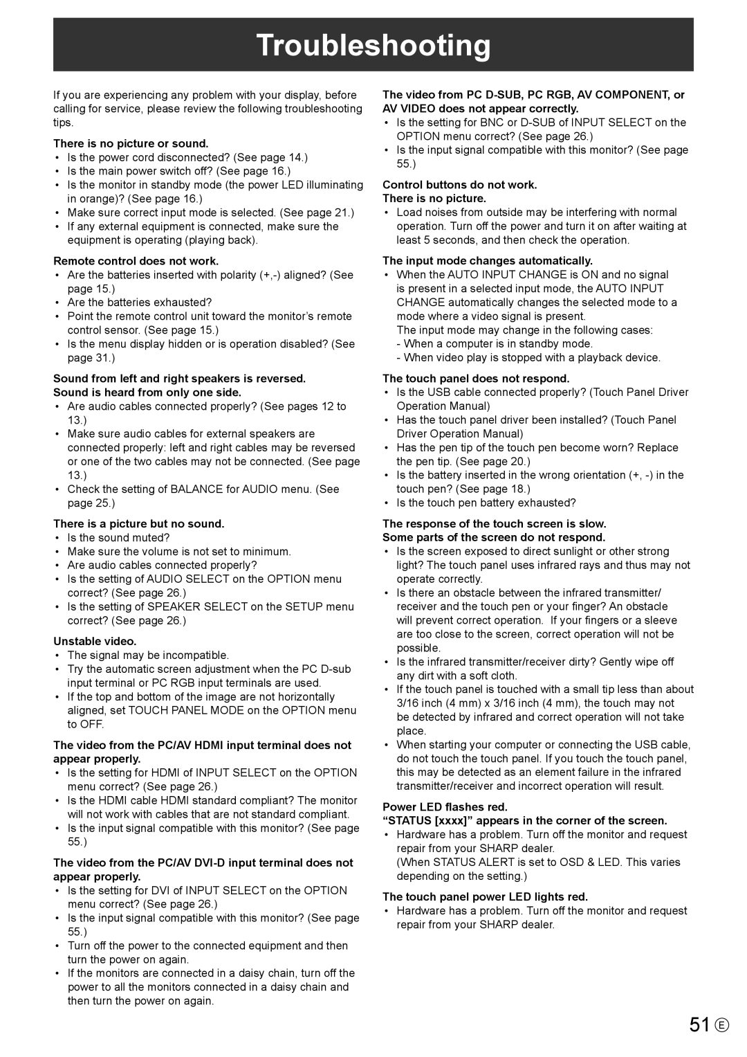 Sharp PN-L702B, PNL702BPKG2A operation manual Troubleshooting, 51 E 