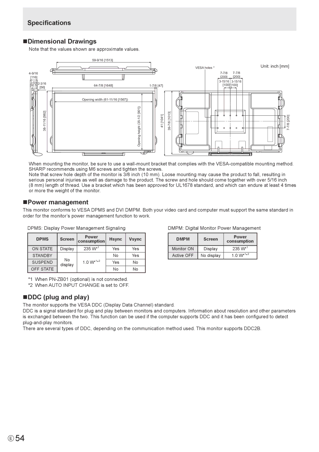 Sharp PN-L702B, PNL702BPKG2A operation manual Specifications NDimensional Drawings, NPower management, NDDC plug and play 