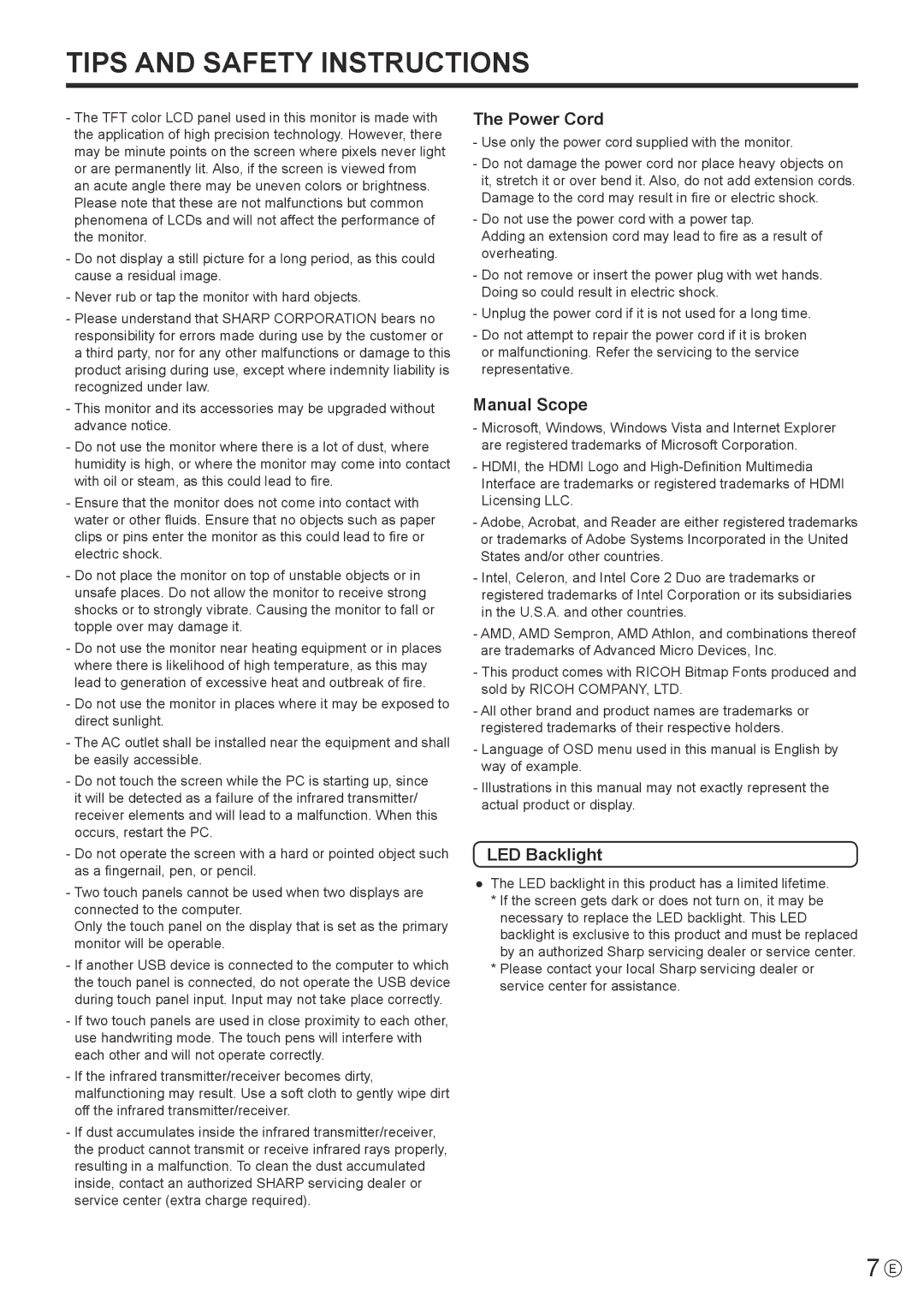 Sharp PN-L702B, PNL702BPKG2A operation manual Tips and Safety Instructions 