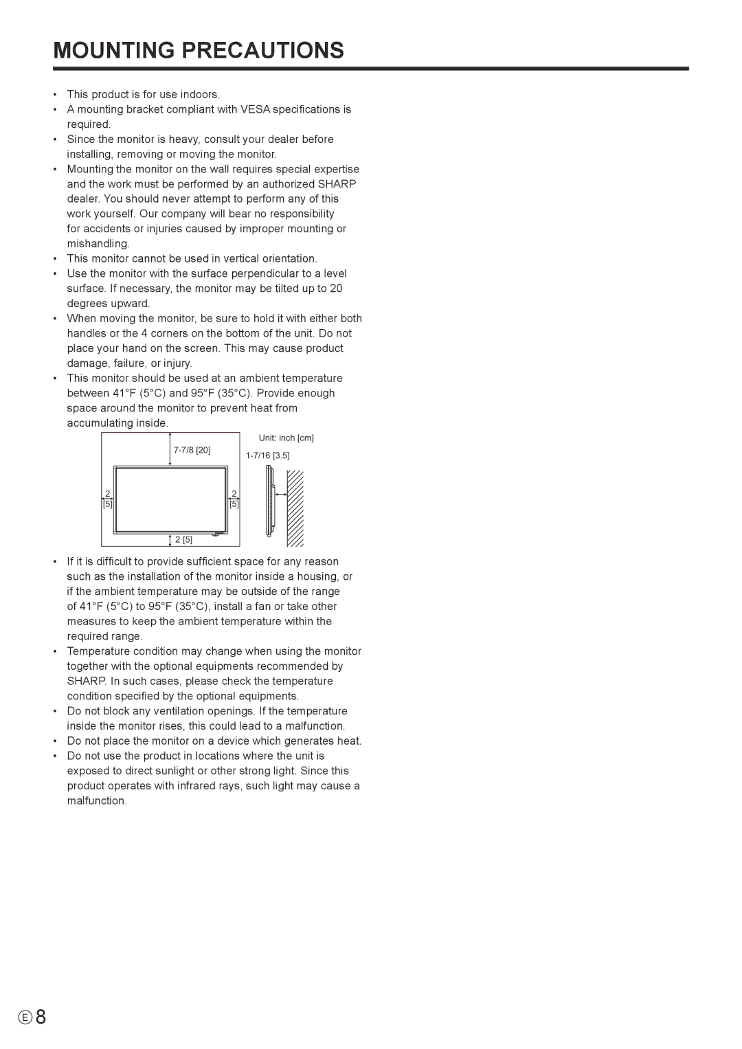 Sharp PNL702BPKG2A, PN-L702B operation manual Mounting Precautions 