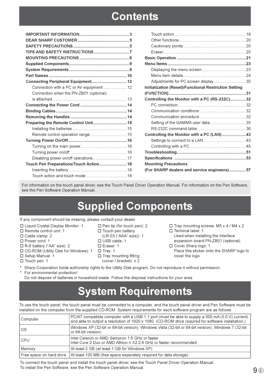 Sharp PN-L702B, PNL702BPKG2A operation manual Contents, Supplied Components, System Requirements 