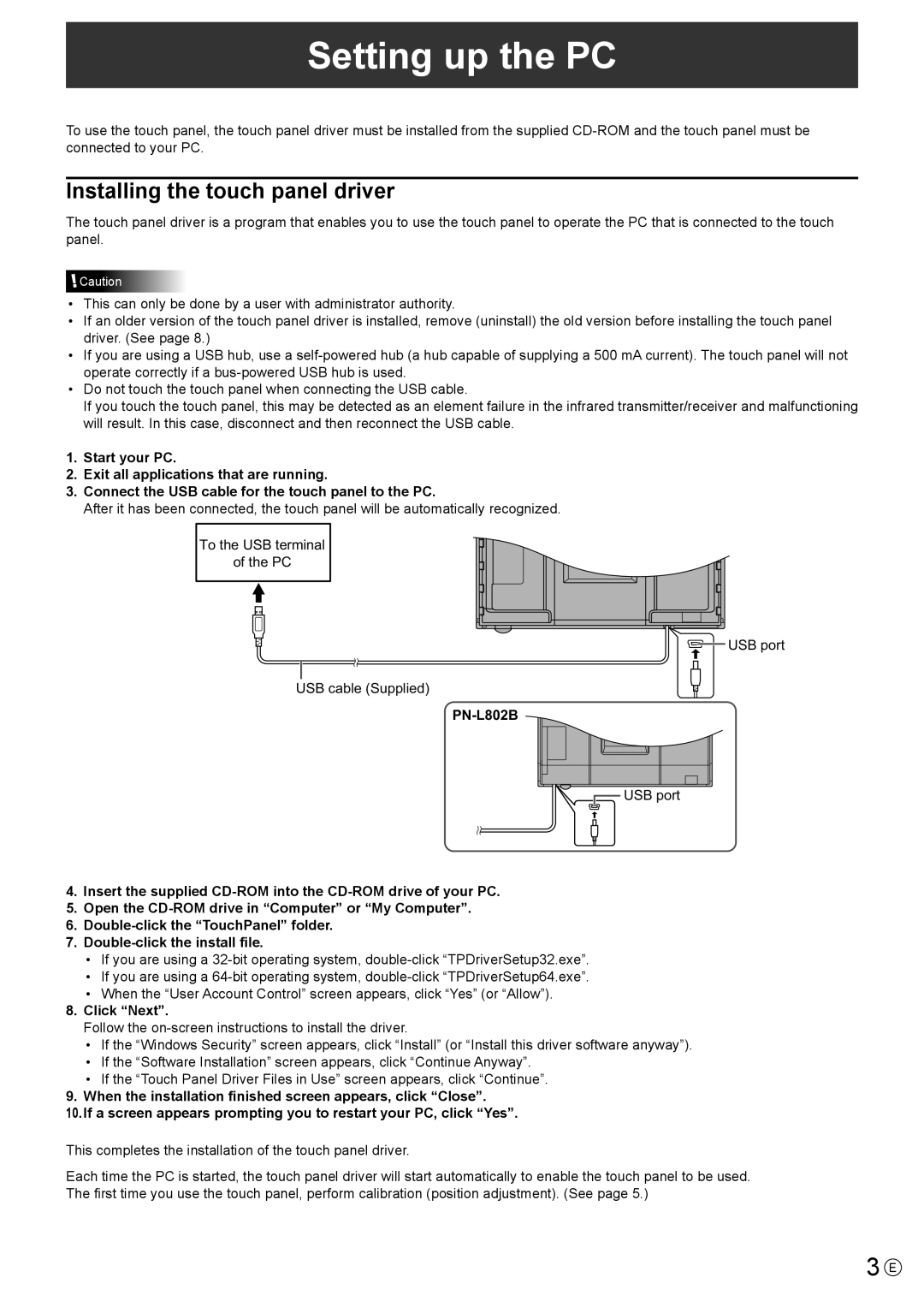 Sharp PNL802B, PN-L802B, PN-L602B, PN-L702B, PNL602B, PNL702B Setting up the PC, Installing the touch panel driver 