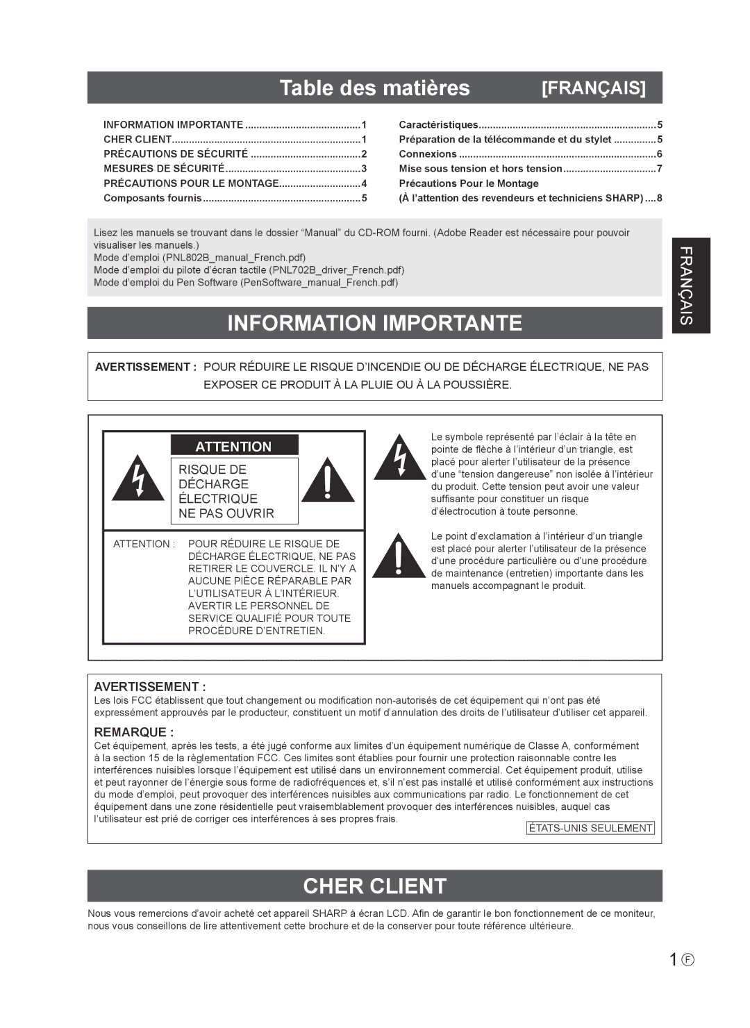 Sharp PN-L802B installation manual Table des matières, Information Importante, Cher Client 