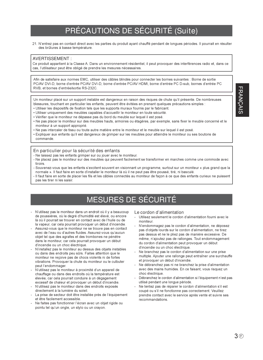 Sharp PN-L802B installation manual Précautions DE Sécurité Suite, Mesures DE Sécurité 