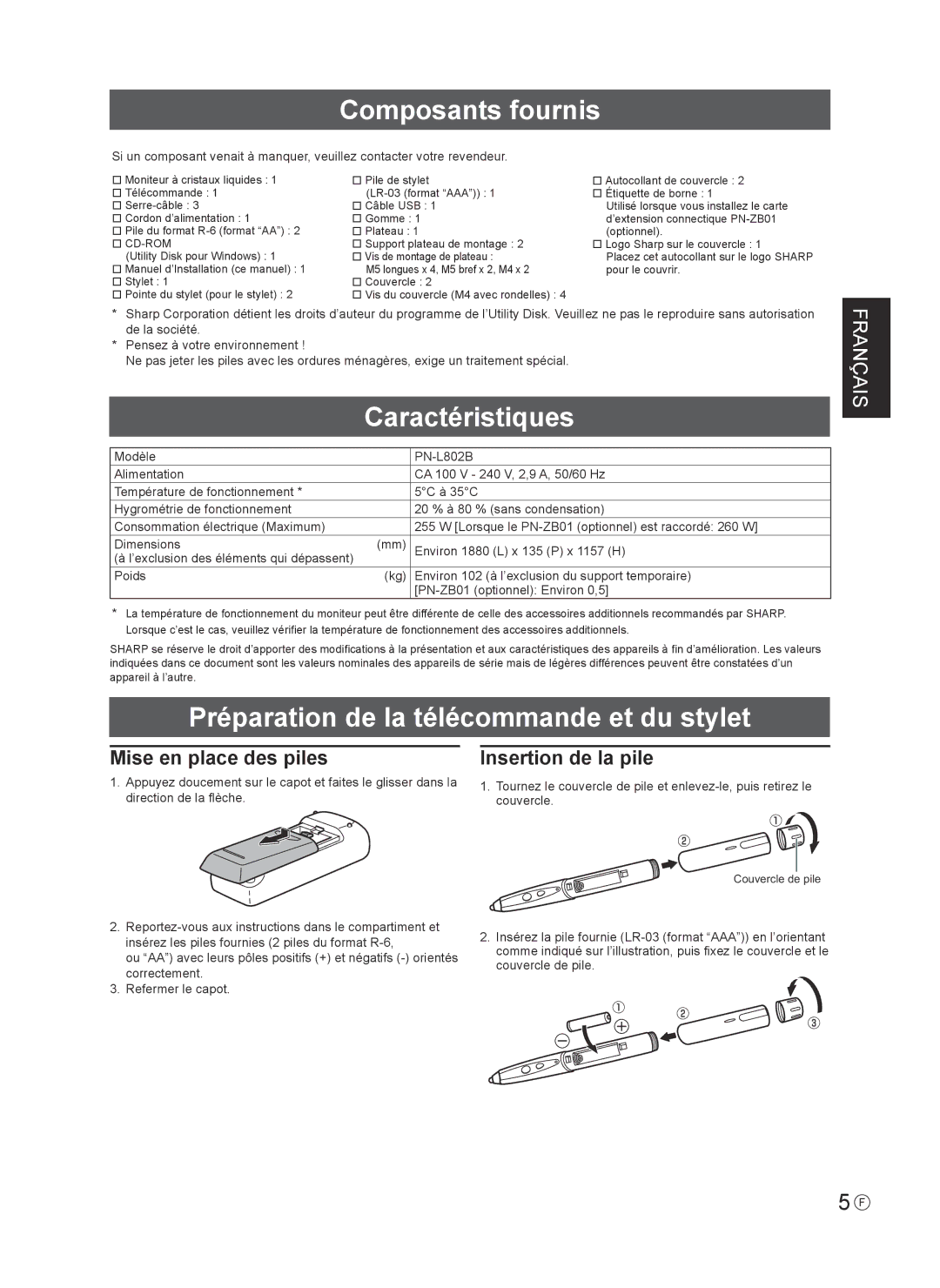 Sharp PN-L802B installation manual Composants fournis, Caractéristiques, Préparation de la télécommande et du stylet 