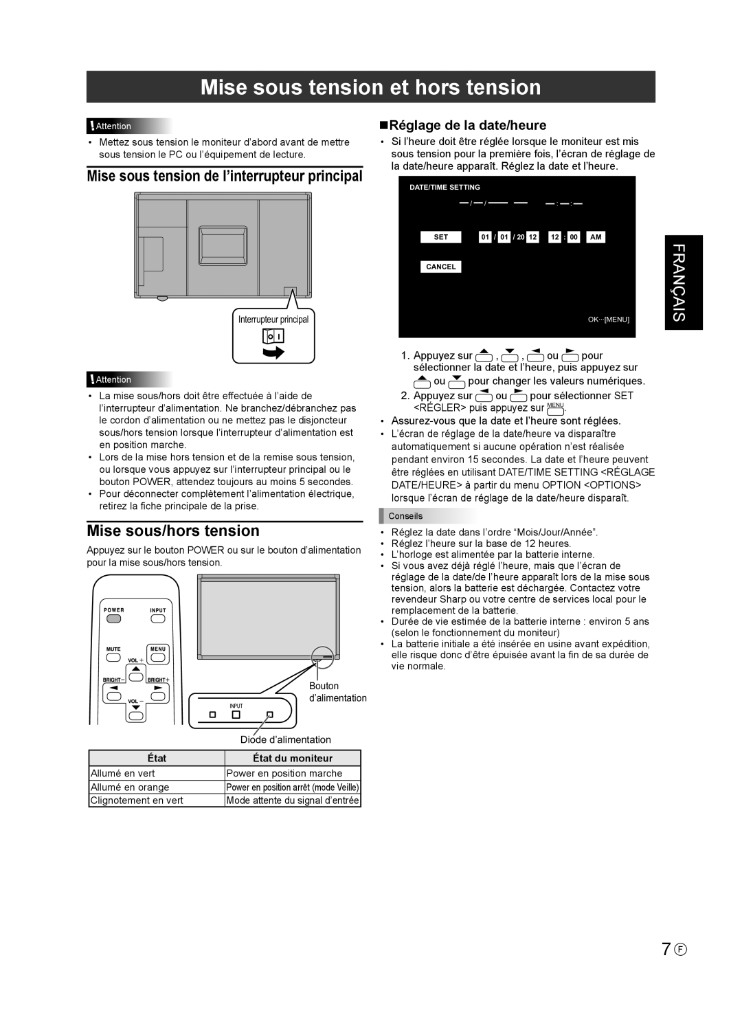 Sharp PN-L802B Mise sous tension et hors tension, Mise sous/hors tension, NRéglage de la date/heure, État État du moniteur 