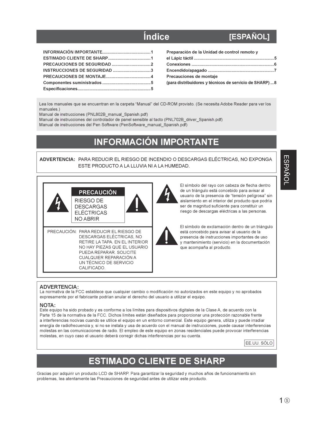 Sharp PN-L802B installation manual Información Importante, Estimado Cliente DE Sharp 