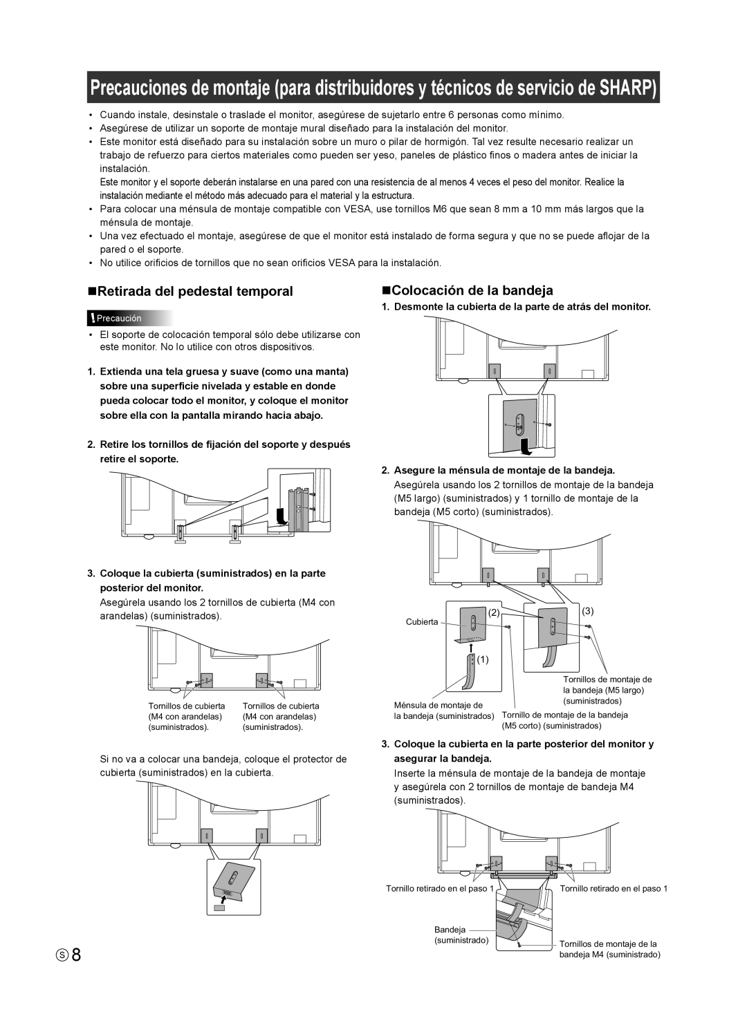 Sharp PN-L802B installation manual NRetirada del pedestal temporal, NColocación de la bandeja 