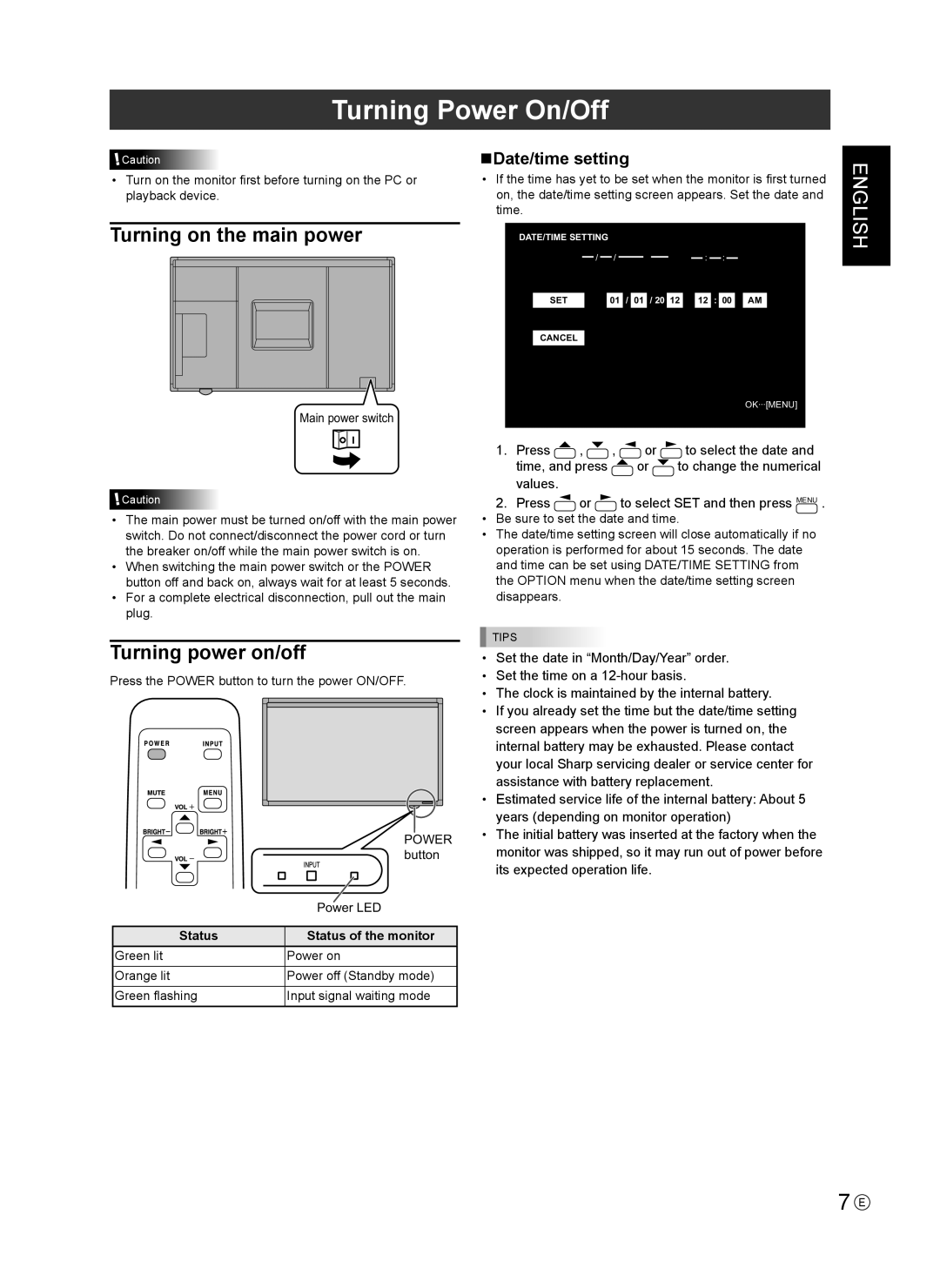 Sharp PN-L802B Turning Power On/Off, Turning on the main power, Turning power on/off, NDate/time setting 