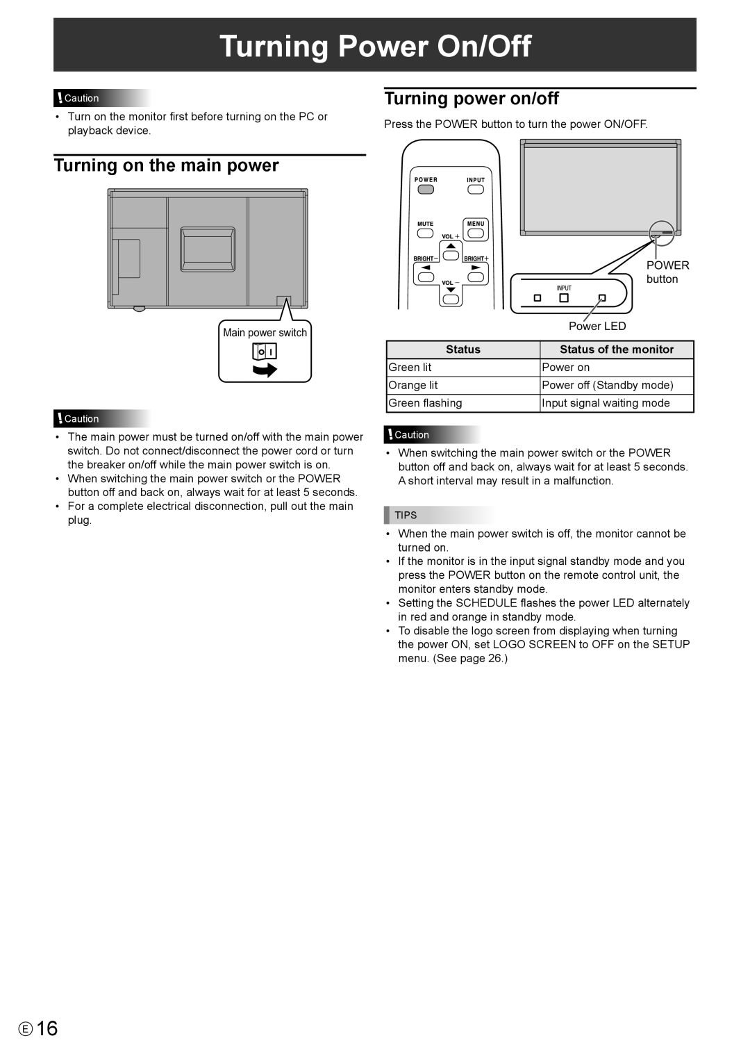 Sharp PN-LB02B Turning Power On/Off, Turning power on/off, Turning on the main power, Status Status of the monitor 