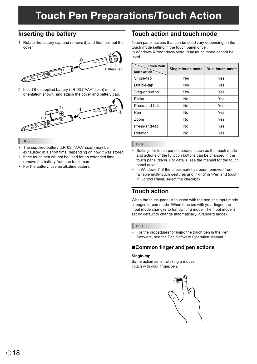 Sharp PNL802BPKG2A, PN-LB02B Touch Pen Preparations/Touch Action, Inserting the battery, Touch action and touch mode 