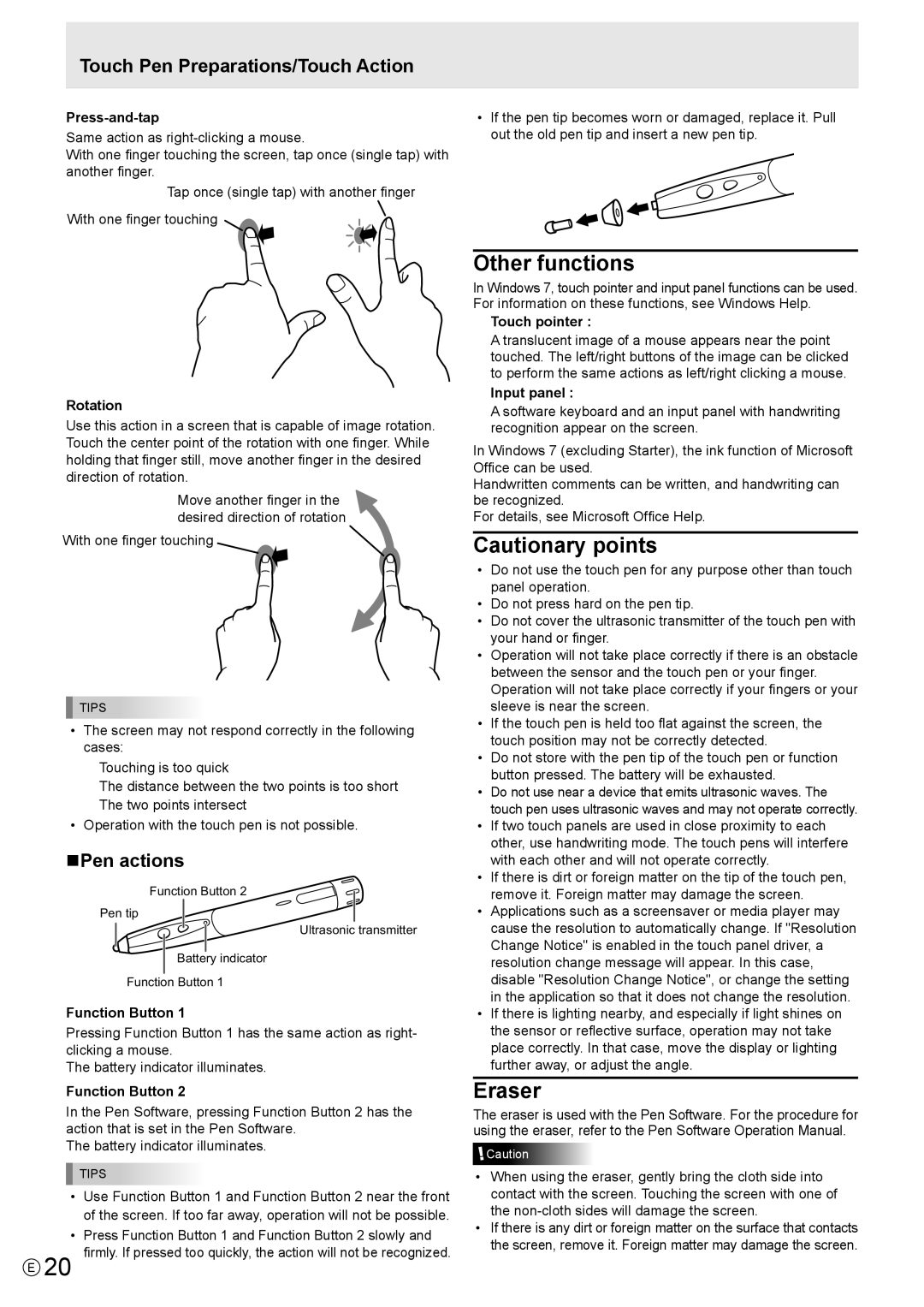 Sharp PN-LB02B, PN-L802B, PNL802BPKG2A operation manual Other functions, Eraser, NPen actions 