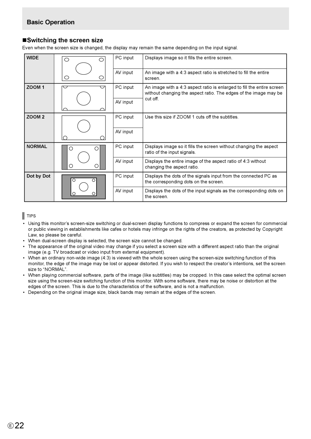 Sharp PNL802BPKG2A, PN-LB02B, PN-L802B Basic Operation NSwitching the screen size, Wide Zoom Normal, Dot by Dot, Cut off 