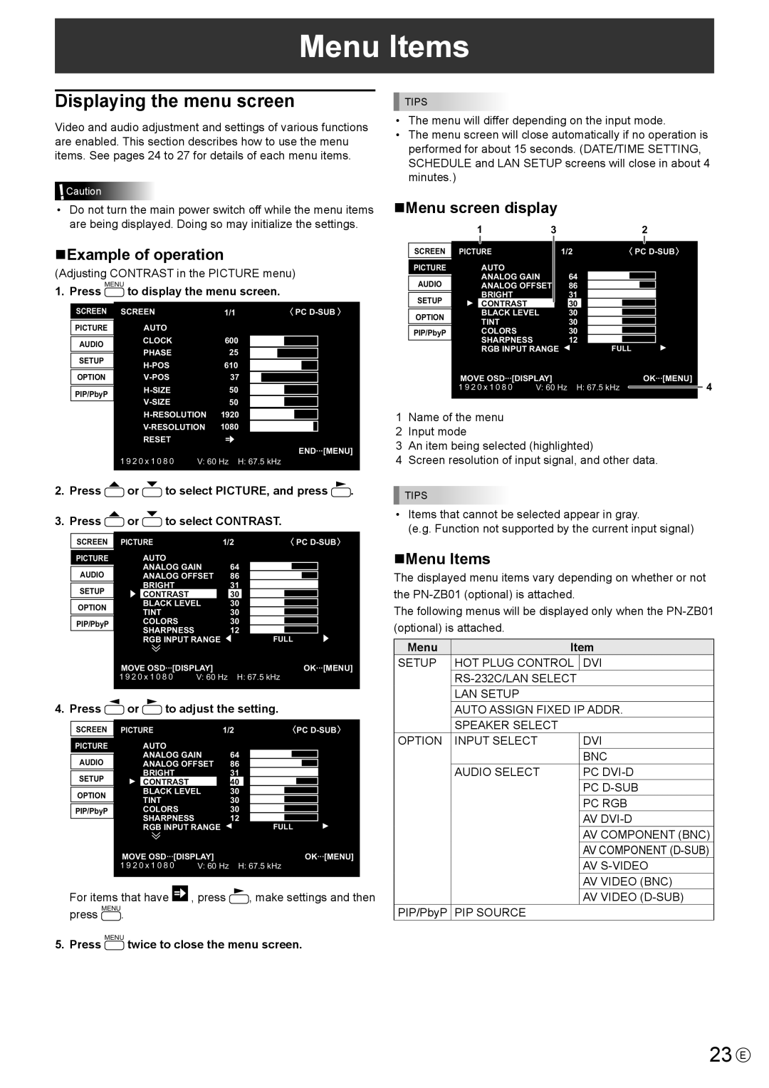 Sharp PN-LB02B, PN-L802B, PNL802BPKG2A operation manual Menu Items, 23 E, Displaying the menu screen 