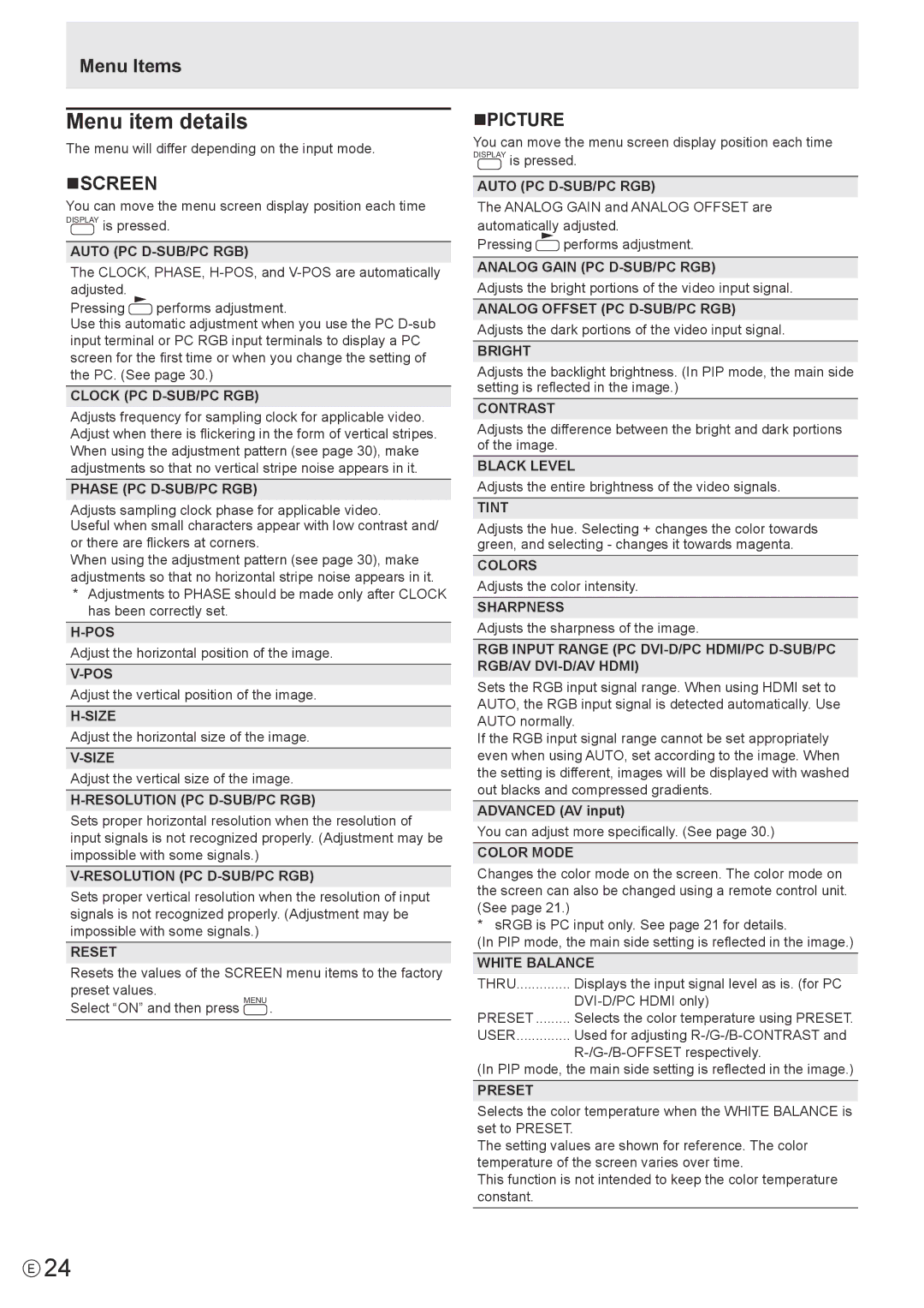 Sharp PN-LB02B, PN-L802B, PNL802BPKG2A operation manual Menu item details, Menu Items, Nscreen, Npicture 