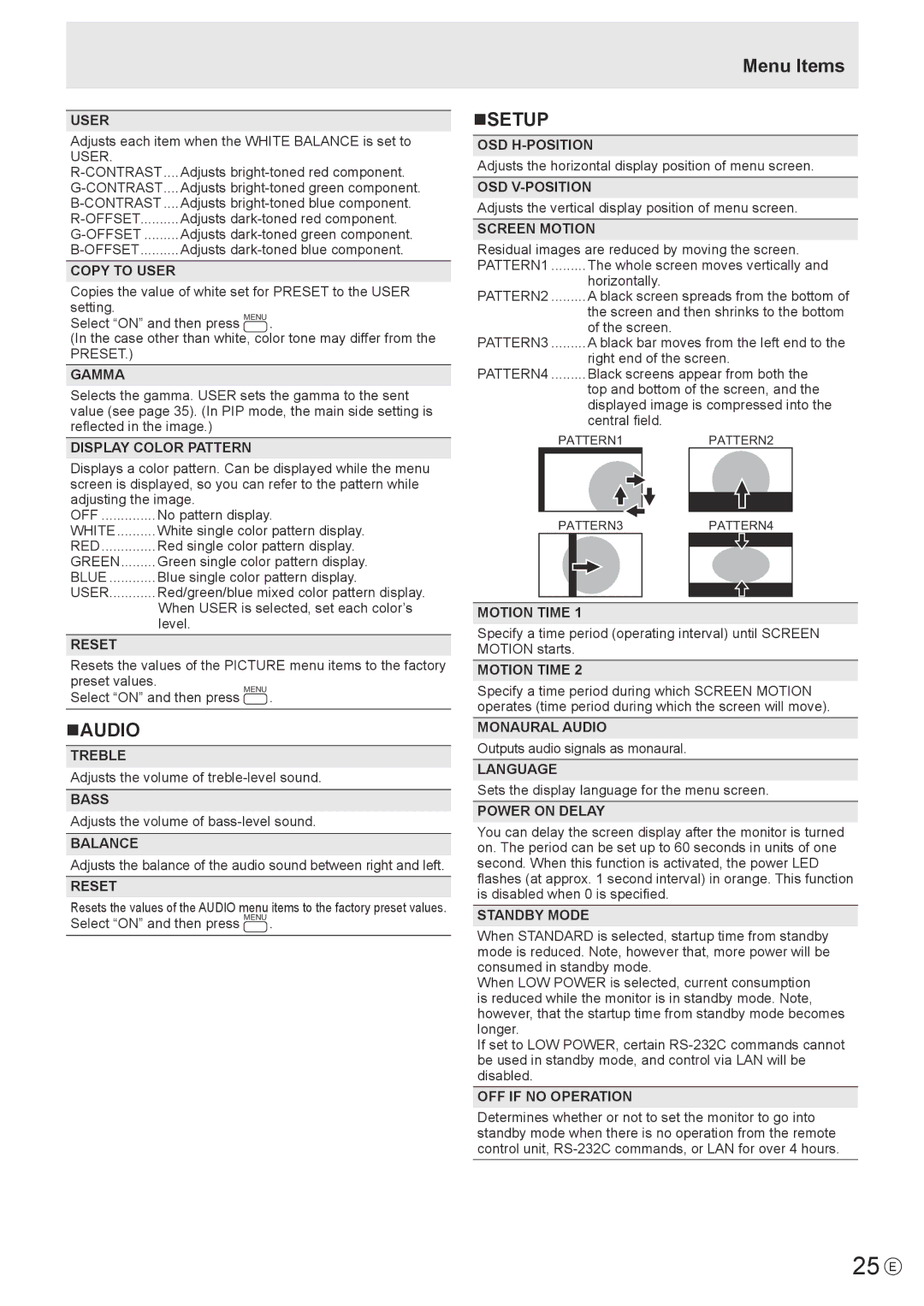 Sharp PN-L802B, PN-LB02B, PNL802BPKG2A operation manual 25 E, Naudio, Menu Items NSETUP 