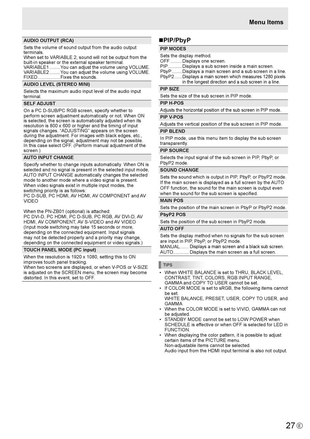 Sharp PN-LB02B, PN-L802B, PNL802BPKG2A operation manual 27 E, Menu Items NPIP/PbyP 