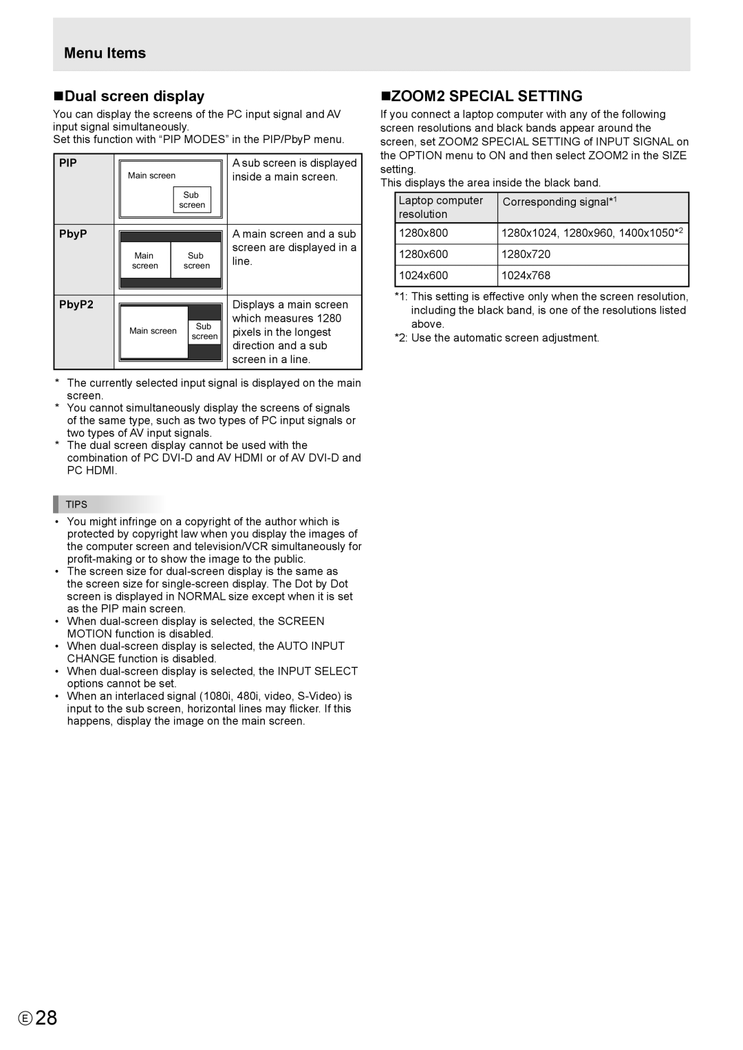 Sharp PN-LB02B, PN-L802B, PNL802BPKG2A Menu Items NDual screen display, NZOOM2 Special Setting, Pip, PbyP2 