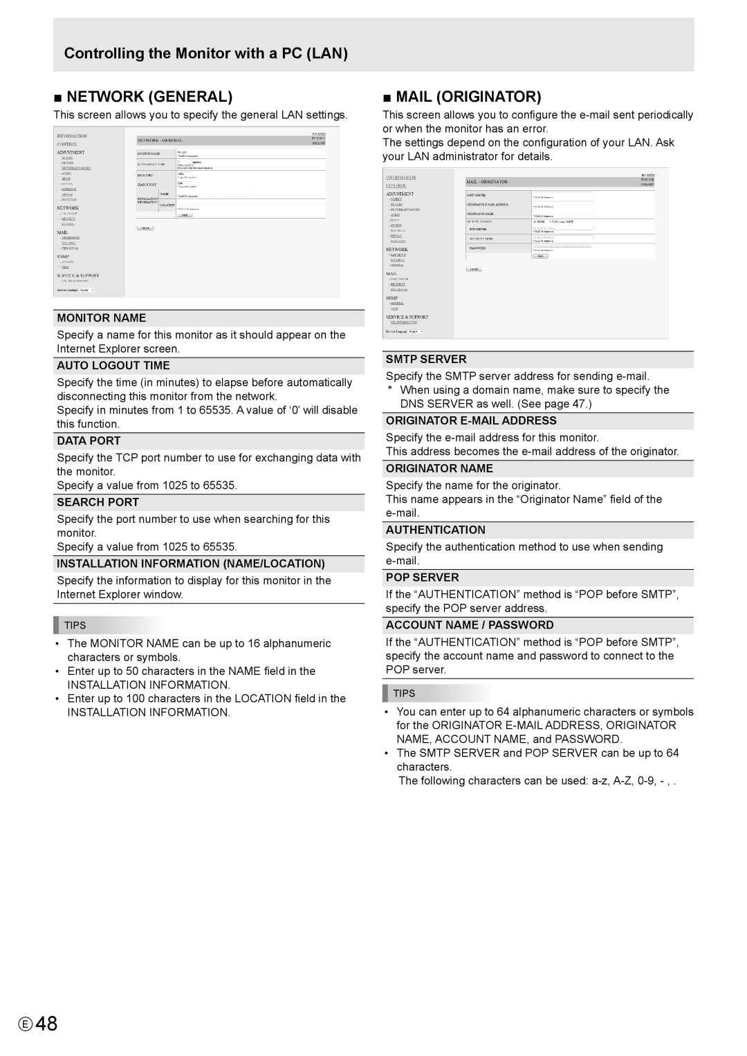 Sharp PN-LB02B Monitor Name, Auto Logout Time, Data Port, Search Port, Installation Information NAME/LOCATION, Smtp Server 