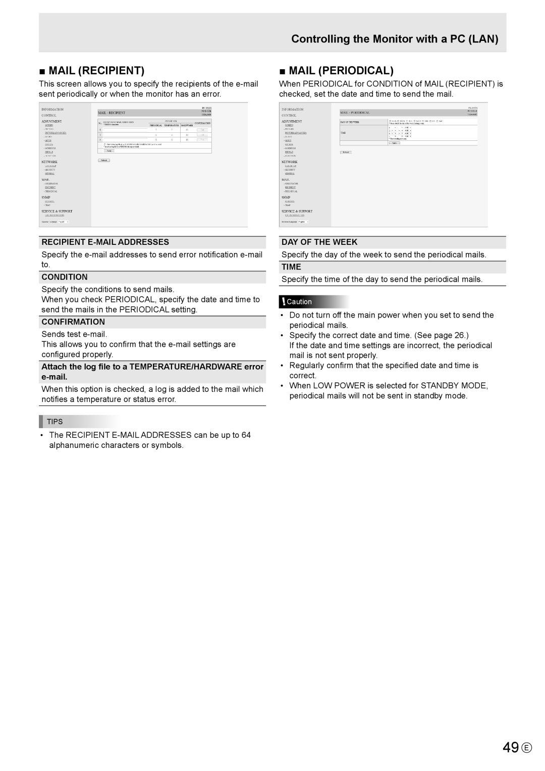 Sharp PN-L802B, PN-LB02B, PNL802BPKG2A operation manual 49 E, Recipient E-MAIL Addresses, Condition, Confirmation, Time 