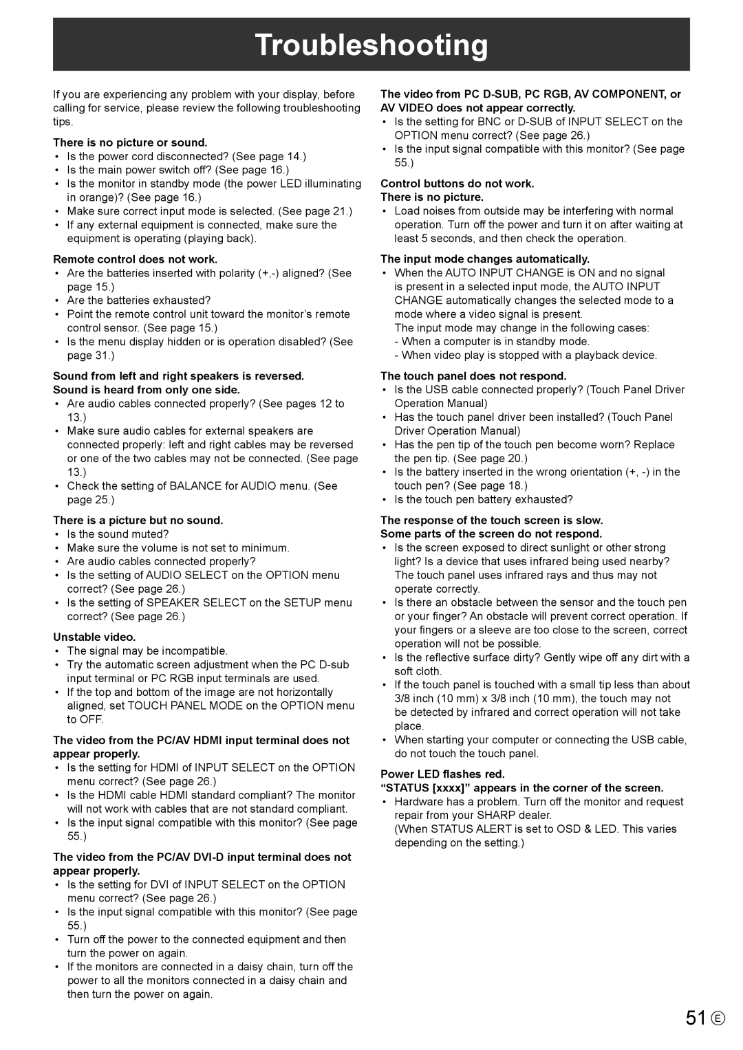 Sharp PN-LB02B, PN-L802B, PNL802BPKG2A operation manual Troubleshooting, 51 E 