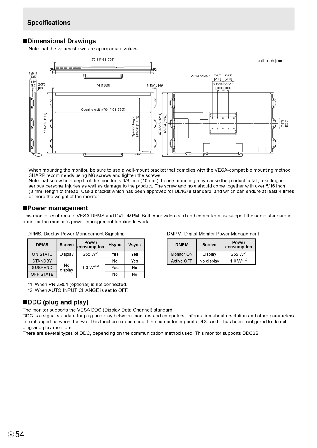 Sharp PNL802BPKG2A, PN-LB02B, PN-L802B Specifications NDimensional Drawings, NPower management, NDDC plug and play 