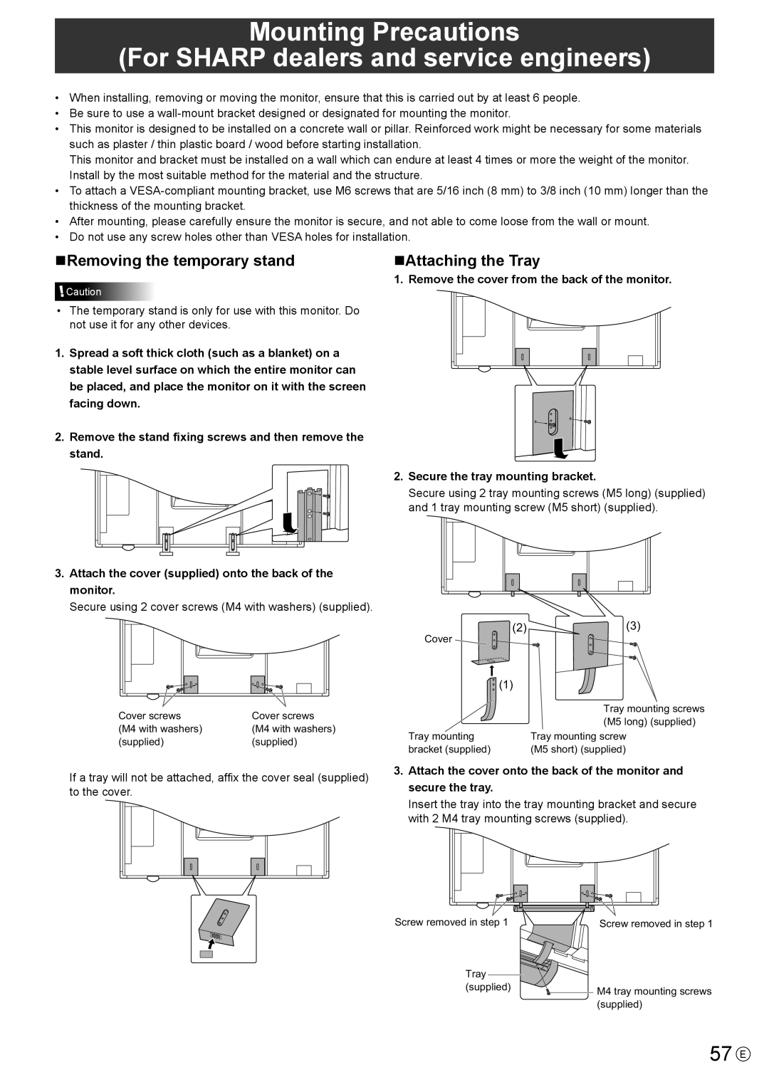 Sharp PN-L802B, PN-LB02B, PNL802BPKG2A operation manual 57 E, NRemoving the temporary stand, NAttaching the Tray 