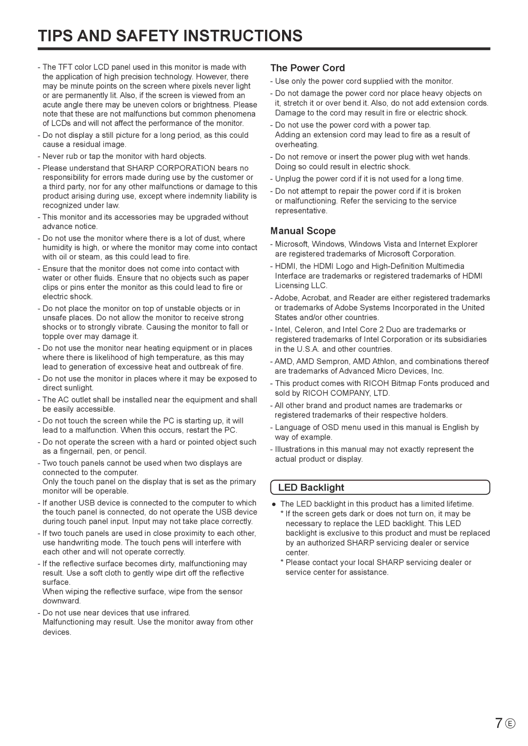 Sharp PN-LB02B, PN-L802B, PNL802BPKG2A operation manual Tips and Safety Instructions 