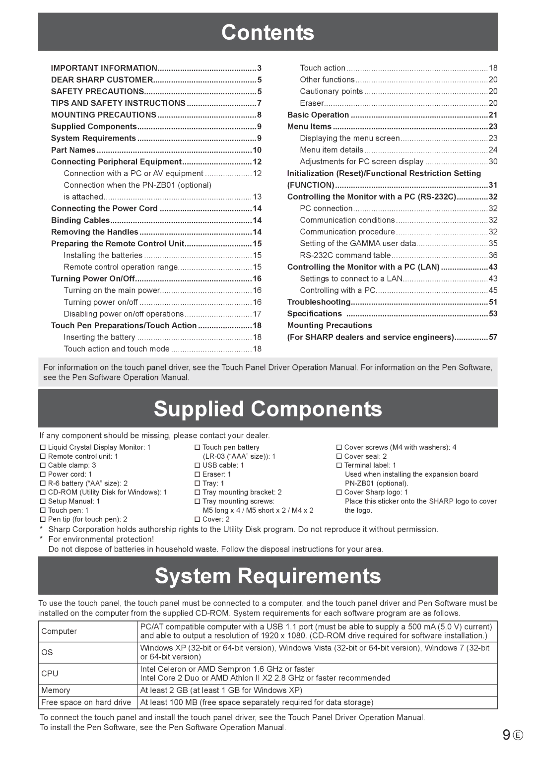 Sharp PN-L802B, PN-LB02B, PNL802BPKG2A operation manual Contents, Supplied Components, System Requirements 