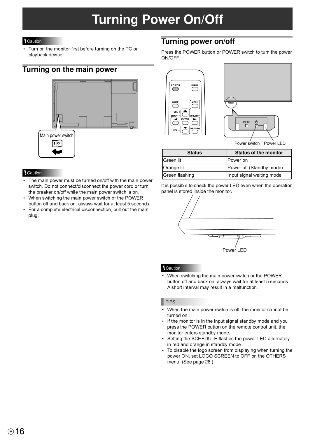 Sharp PN-R603, PN-R703 Turning Power On/Off, Turning on the main power, Turning power on/off, Main power switch 