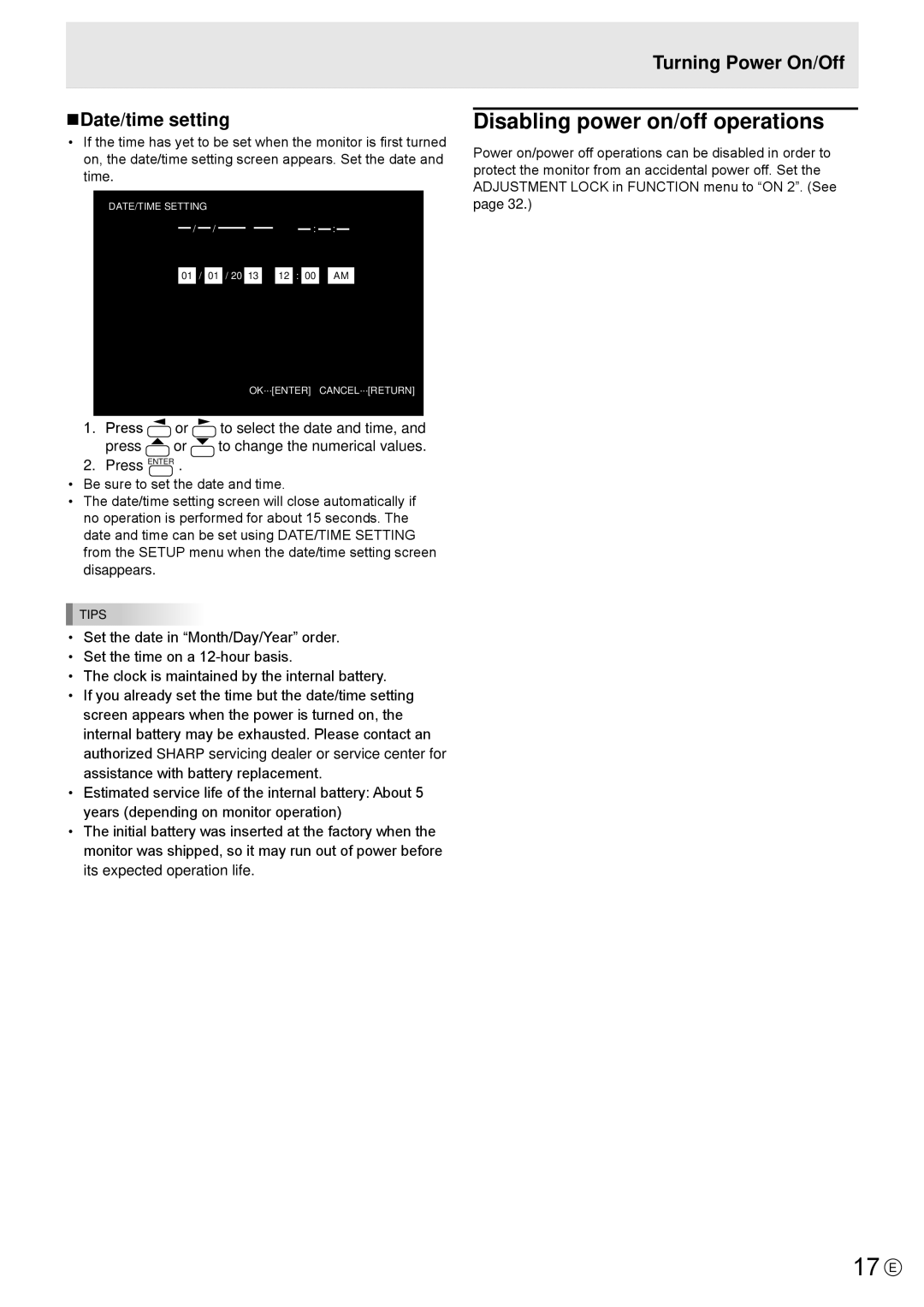 Sharp PN-R703, PN-R603 operation manual 17 E, Disabling power on/off operations, NDate/time setting, Turning Power On/Off 