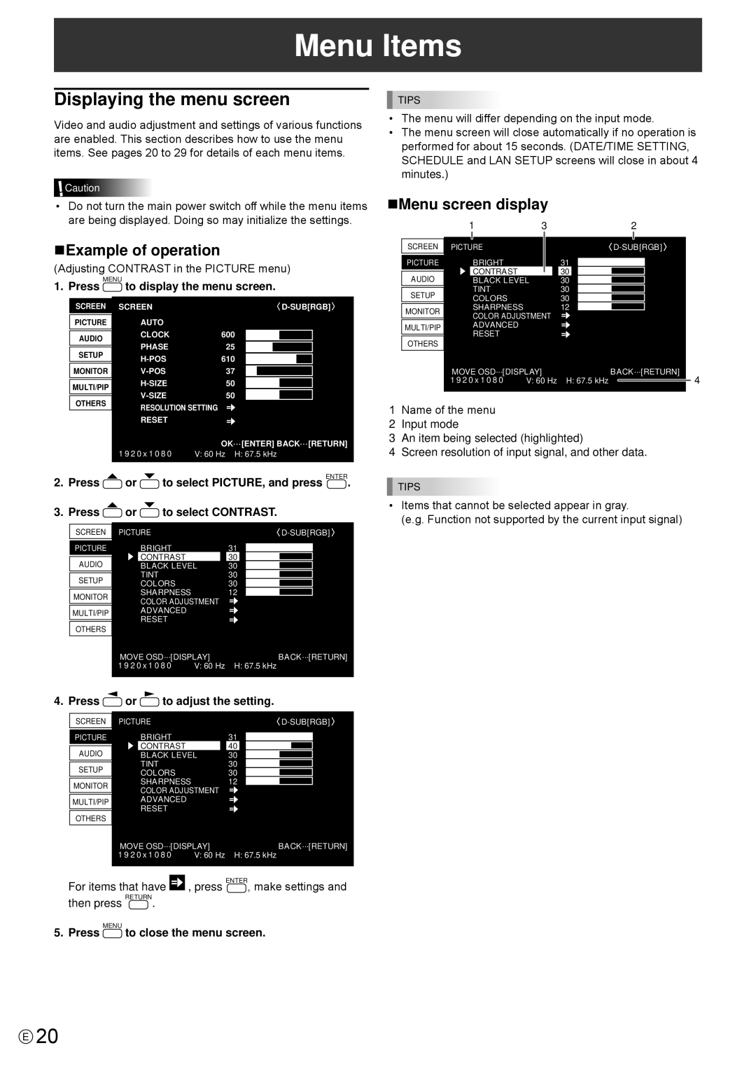 Sharp PN-R603, PN-R703 operation manual Menu Items, Displaying the menu screen, NExample of operation, NMenu screen display 