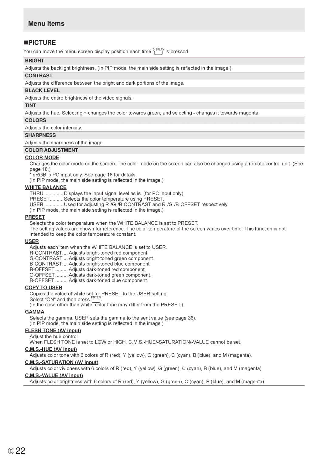 Sharp PN-R603, PN-R703 operation manual Menu Items NPICTURE 