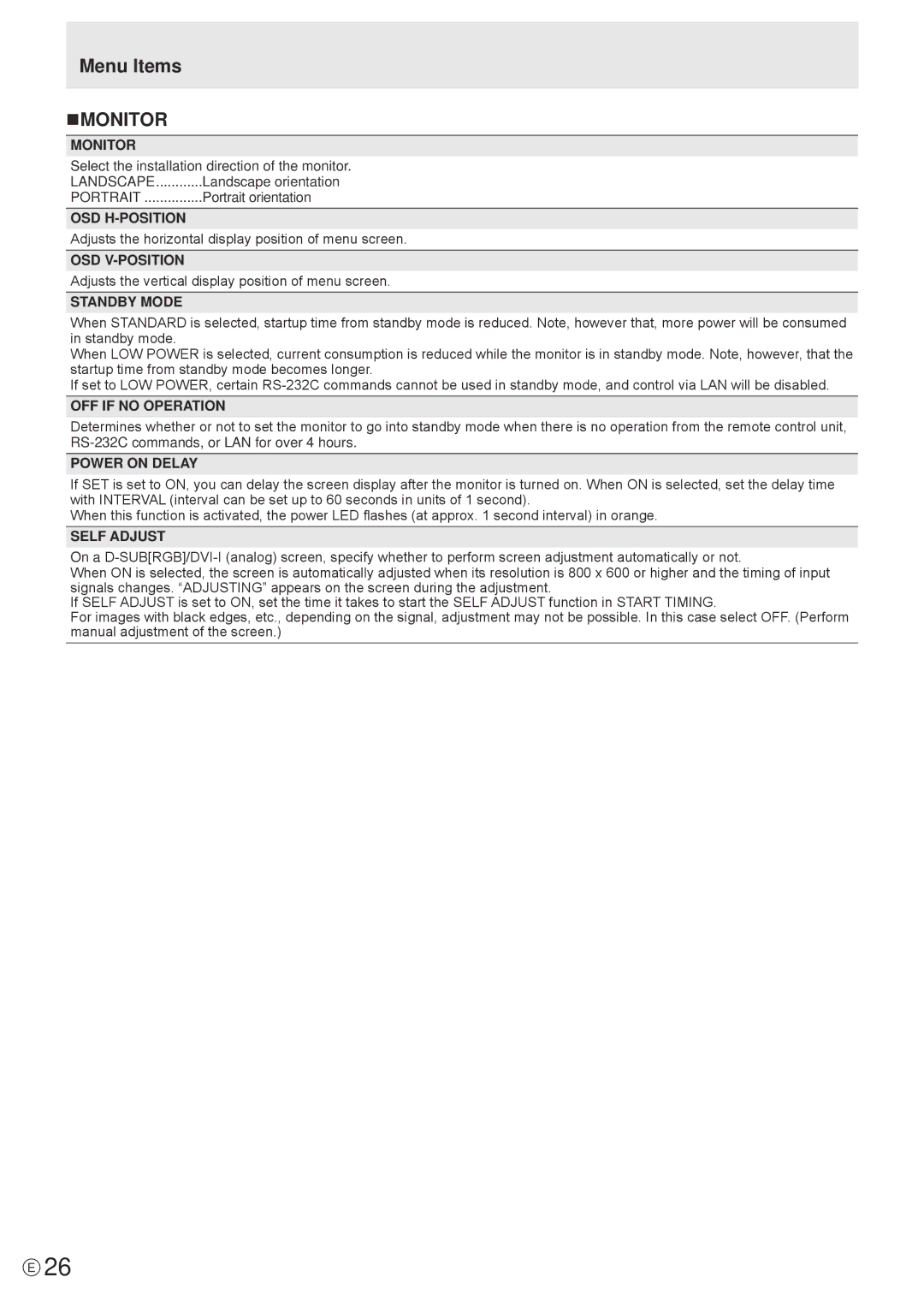 Sharp PN-R603, PN-R703 operation manual Menu Items NMONITOR 