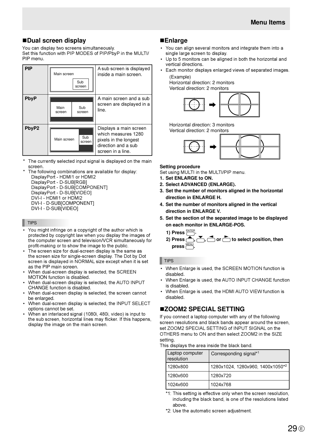 Sharp PN-R703, PN-R603 operation manual 29 E, NDual screen display, Menu Items NEnlarge, NZOOM2 Special Setting, Pip 