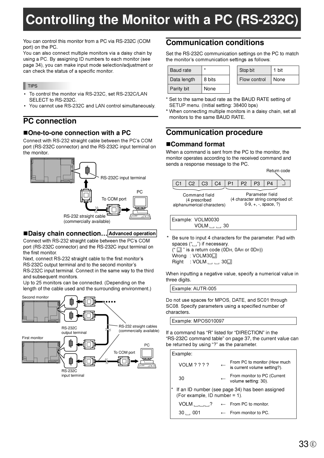 Sharp PN-R703, PN-R603 Controlling the Monitor with a PC RS-232C, 33 E, PC connection, Communication conditions 