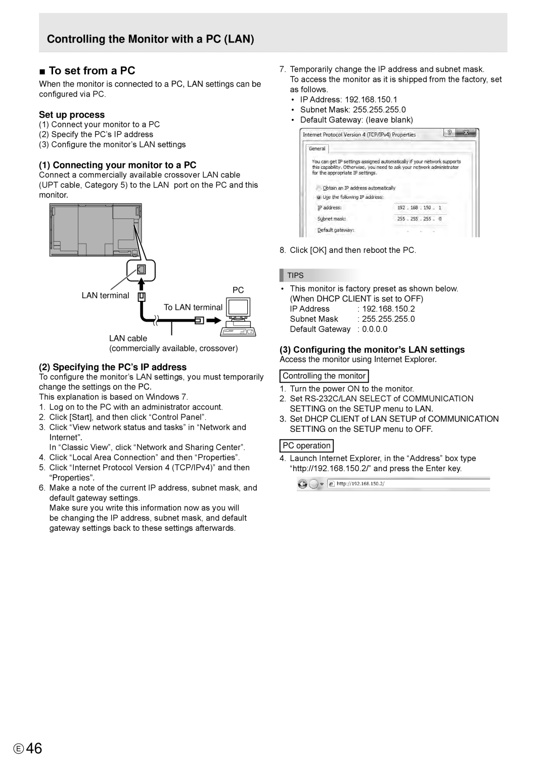 Sharp PN-R603, PN-R703 operation manual Controlling the Monitor with a PC LAN To set from a PC, Default Gateway 0.0 