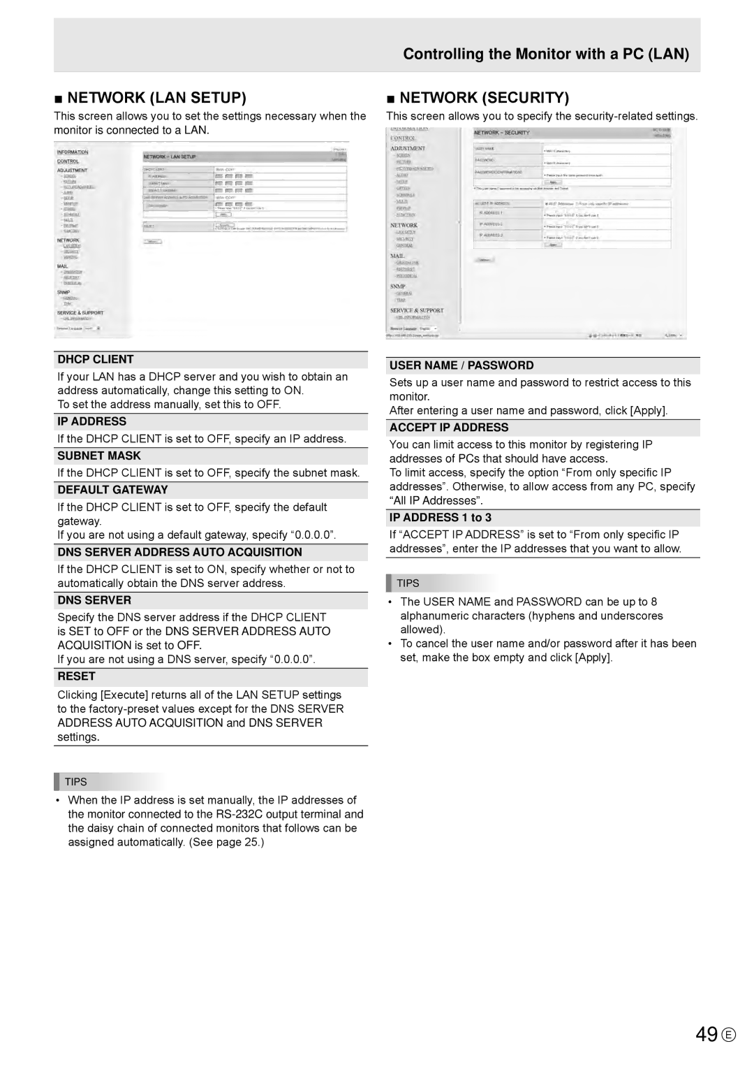 Sharp PN-R703, PN-R603 operation manual 49 E, DNS Server Address Auto Acquisition, User Name / Password, Accept IP Address 