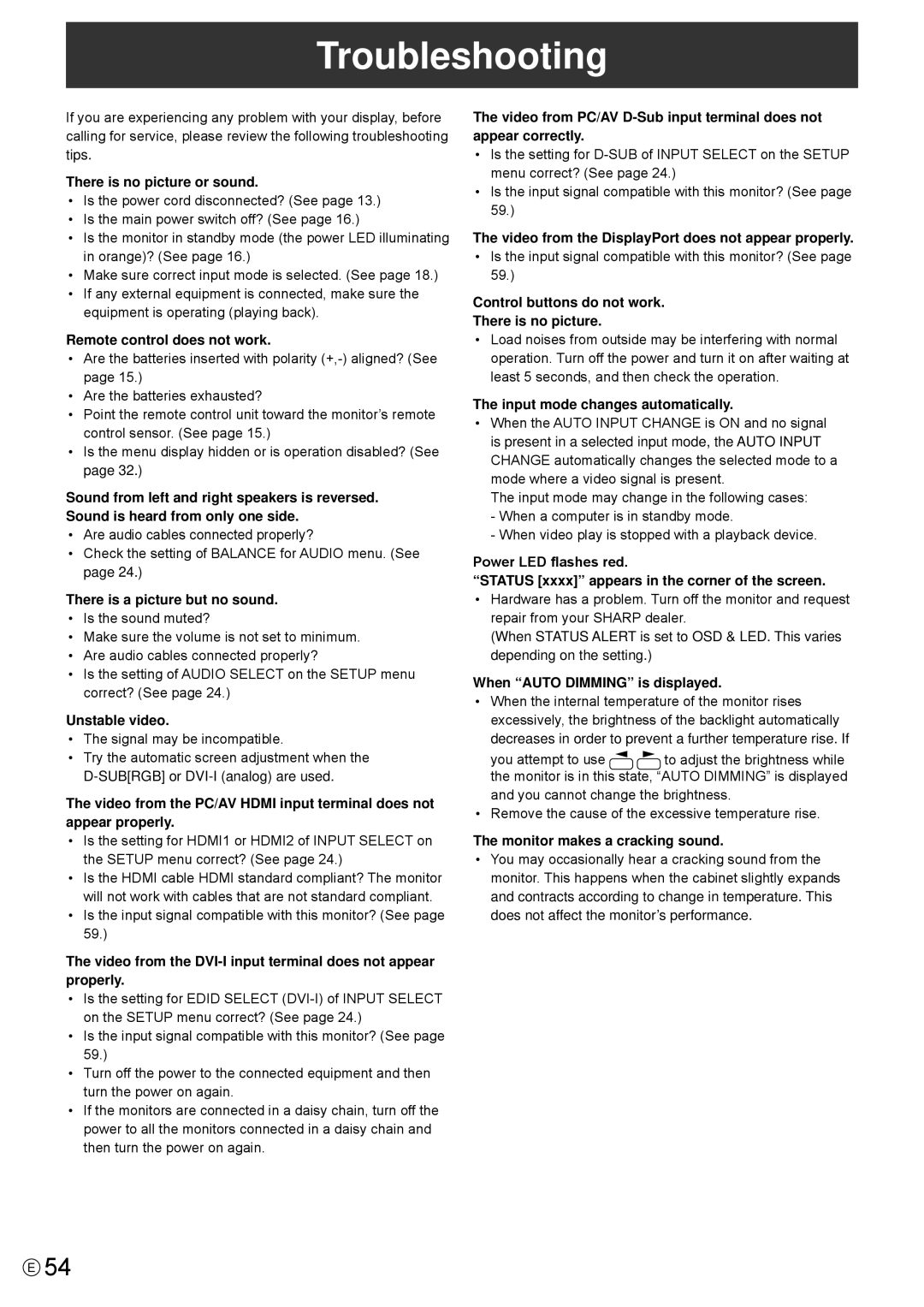 Sharp PN-R603, PN-R703 operation manual Troubleshooting 