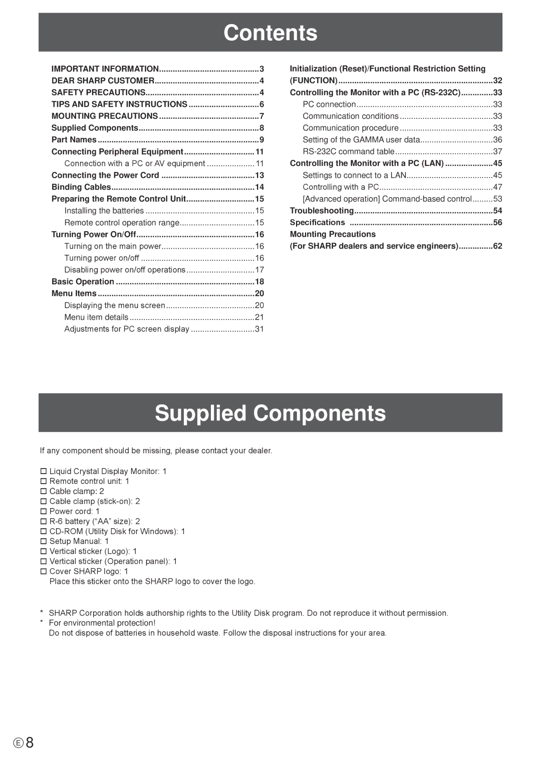 Sharp PN-R603, PN-R703 operation manual Contents, Supplied Components 