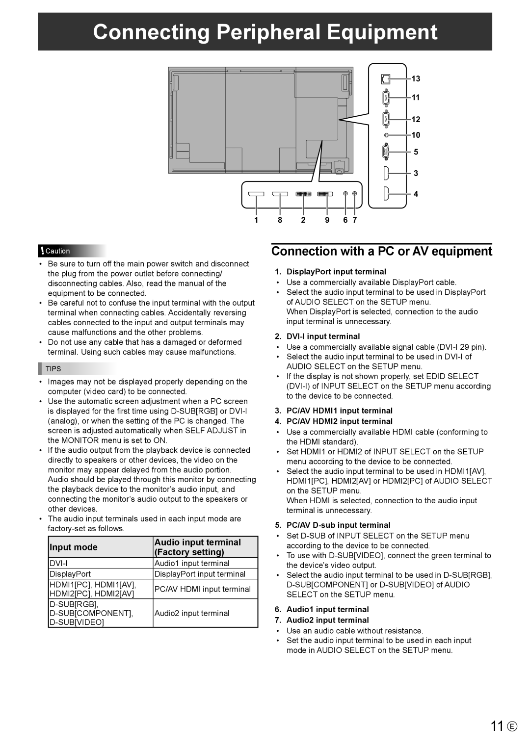 Sharp PN-R703, PN-R603 operation manual Connecting Peripheral Equipment, 11 E, Connection with a PC or AV equipment 